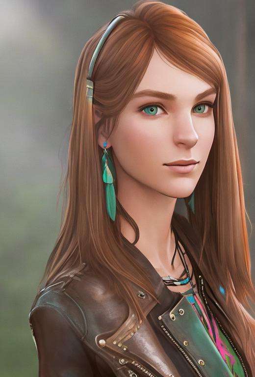 masterpiece, best quality, high quality, extremely detailed CG unity 8k wallpaper,A portrait of rachelamber, brown hair, green eyes, looking at viewer, hyperrealistic, ultra detailed, choker, (leather jacket:1.2), feather earring, (smiling:1.1)