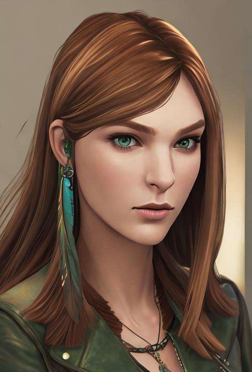 masterpiece, best quality, high quality, extremely detailed CG unity 8k wallpaper,A portrait of rachelamber, brown hair, green eyes, looking at viewer, hyperrealistic, ultra detailed, choker, (leather jacket:1.2), feather earring