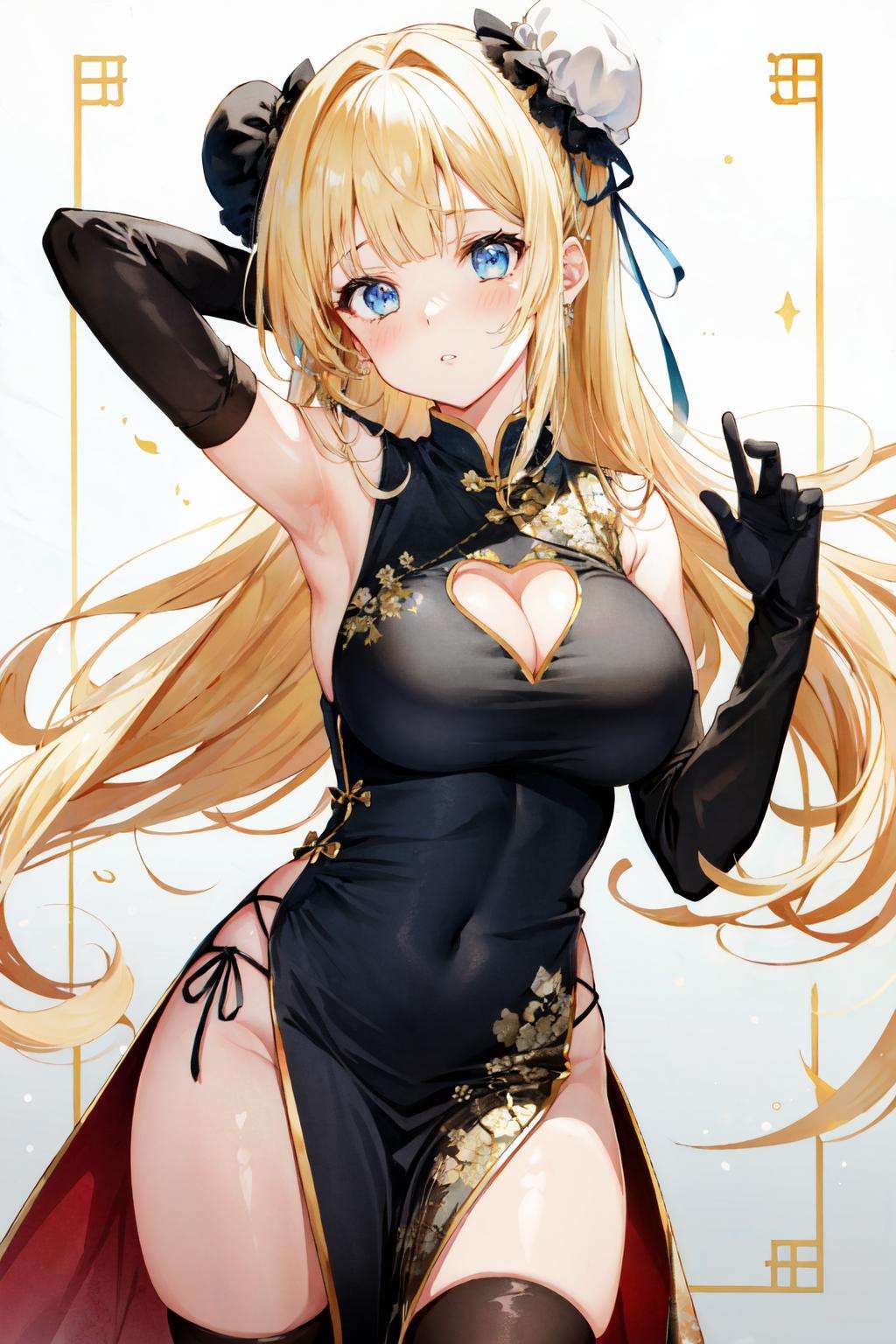 <lora:china_heart-09:0.8>china dress with heart cutout, gloves, brown gloves, blonde hair, no panties, heart cutout, elbow gloves, hand on own cheek, bare shoulders, dress, cowboy shot, hair bun, arm behind head, skindentation, solo, bun cover, 1girl, black dress, cleavage, cleavage cutout, blunt bangs, long hair, china dress, double bun, parted lips, blue eyes, large breasts, arm up, pelvic curtain, thighhighs, black thighhighs, sideboob, looking at viewer, hand on own face, chinese clothes, thighs, blush, black gloves, clothing cutout