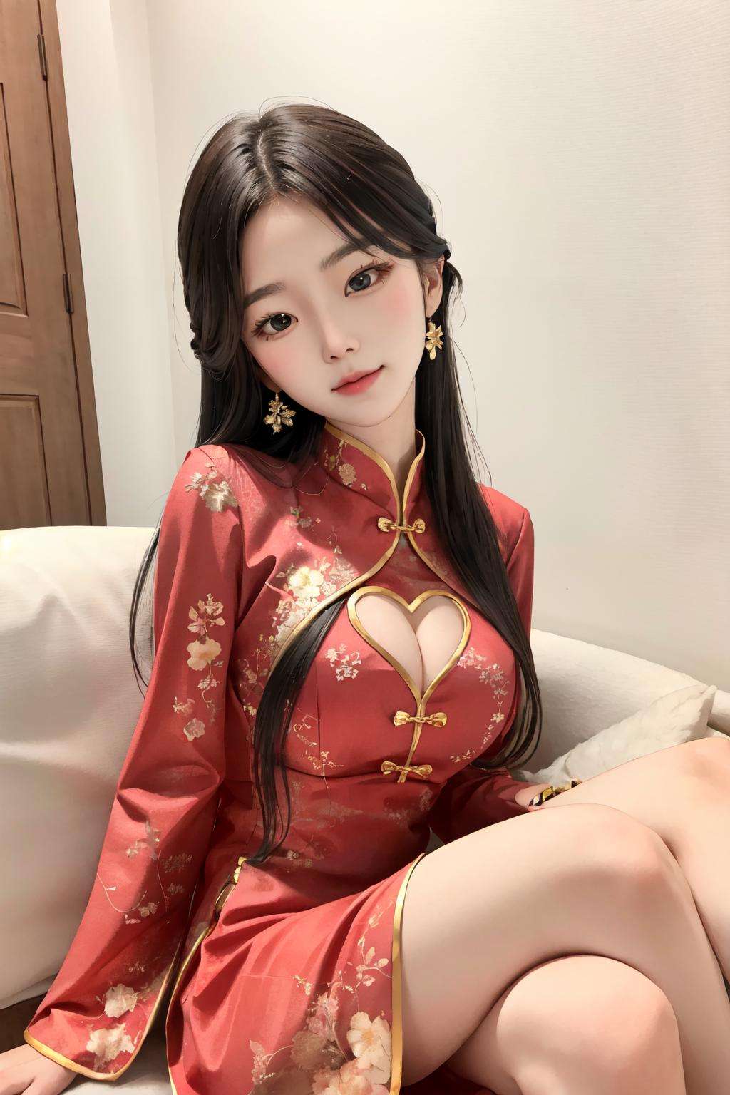 <lora:china_heart-09:0.8>china dress with heart cutout, 1girl ,solo , sitting , long hair , beautiful face