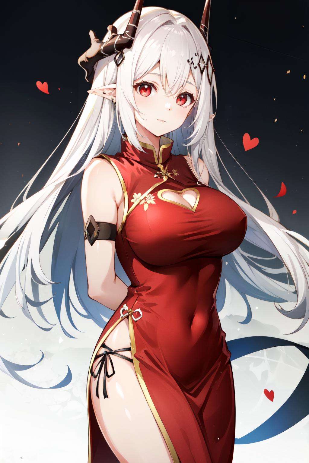 <lora:china_heart-09:0.8>, 1girl,solo , chinese clothes, china dress, china dress with heart cutout, red dress,gold trim ,  large breast, smile , parted lips,closed mouth, simple background,arms behind back,mudrock(arknights), red eyes , horn,white hair,pointy ears ,long hair , black horn<lora:mudrock:1>, 