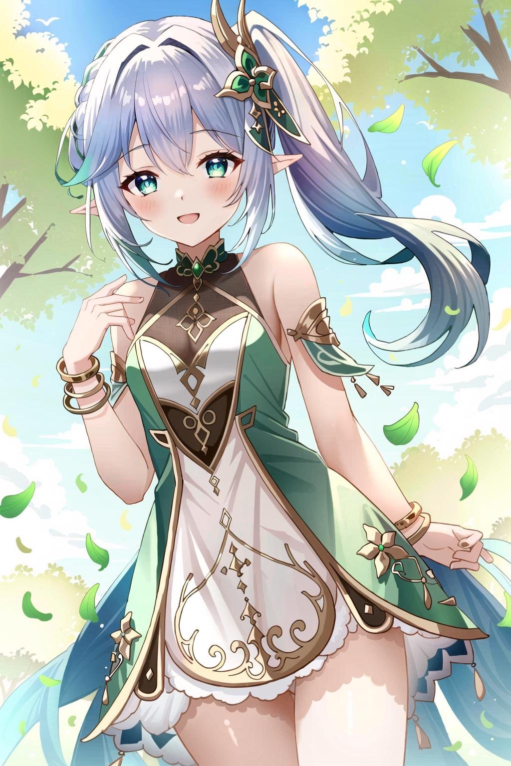 masterpiece, best quality,1girl, nahida(genshin impact) , solo  ,pointy ears ,small breast,white hair, green hair , multicolored hair, happy ,side ponytail , hair ornament , bang , bracelet <lora:agmmStyle_a1:0.5>  <lora:nahida_genshin_impact:0.5>