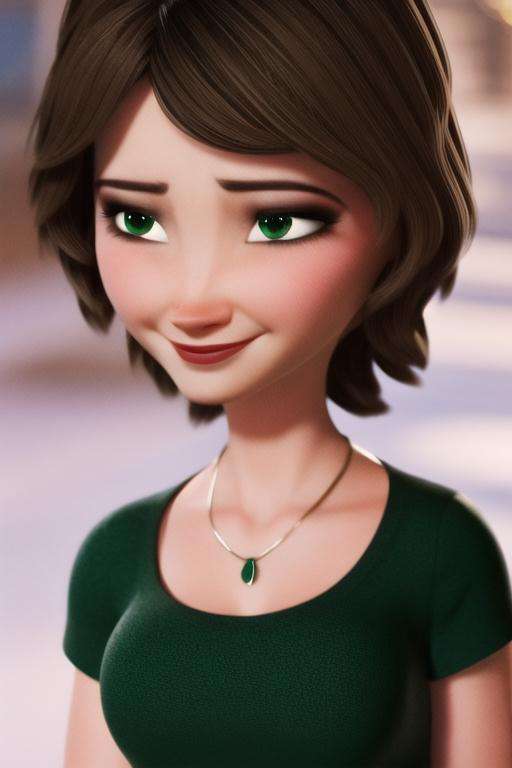 aunt cass, modern disney style,1girl, solo, medium breasts, brown hair, short hair, green shirt, looking at viewer, green eyes, upper body, smile, cleavage,  lips<lora:aunt_cass_dis-000001:1>