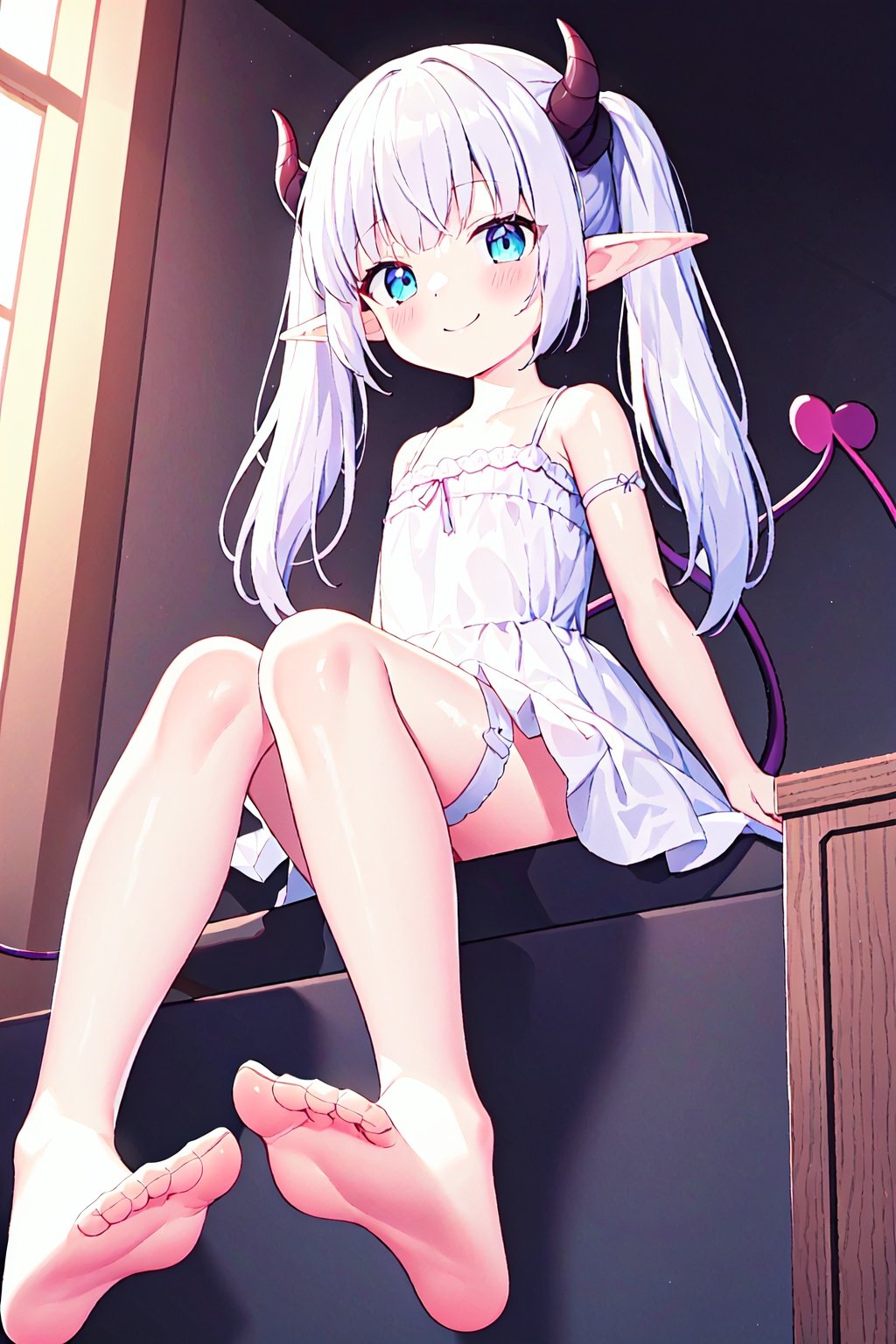 extremely detailed 8K wallpaper,masterpiece, best quality, 1girl, child,demon_girl,demon tail ,white dress,no shoes,flat chest,from below, child,smile,long hair,sitting,pointy ears,elf,twintails,bare legs,loli, lace, bare legs, thigh strap, indoors,hidden hands, lolita_fashion,cuteloli