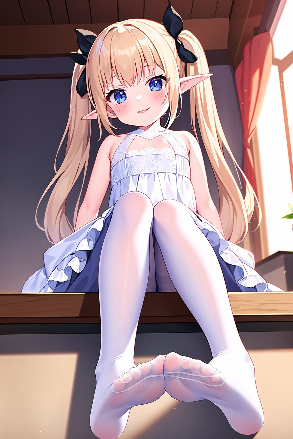 extremely detailed 8K wallpaper,masterpiece, best quality, 1girl, child,white dress,no shoes,flat chest,from below, child,smile,long hair,sitting,pointy ears,elf,twintails,bare legs,loli, lace, bare legs, thigh strap, indoors,hidden hands, lolita_fashion,white pantyhose, dress,cuteloli,girl,Dress,fairy tale girl,cozy anime