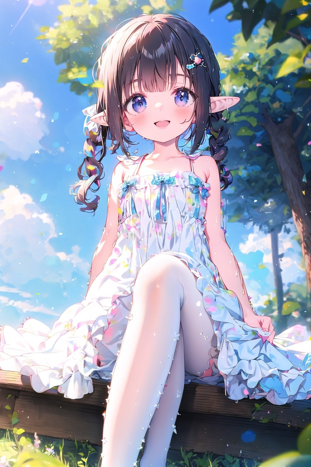 extremely detailed 8K wallpaper,masterpiece, best quality, 1girl, child,white dress,no shoes,flat chest,from below, child,smile,long hair,sitting,pointy ears,elf,twintails,bare legs,loli, lace, bare legs, thigh strap, indoors,hidden hands, lolita_fashion,white pantyhose, dress,cuteloli,girl,Dress,fairy tale girl,cozy anime