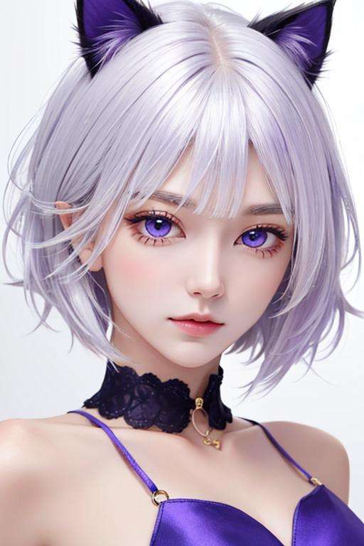 cat ears, short hair, silver hair, white hair, purple eyes., detailed face, beautiful eyes