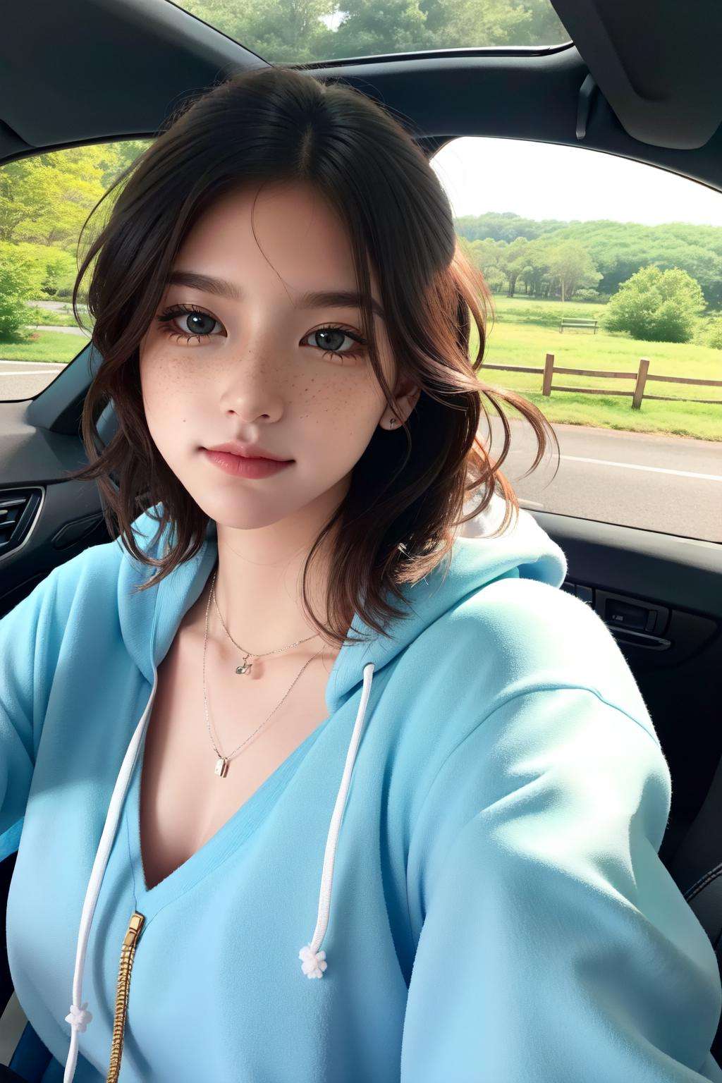 RAW photo, a 22-year-old-girl, upper body, selfie in a car, blue hoodie, (raecmbr-2650:0.9), (r4ec4mbr4:0.95), (1girl), (realistic), (photo-realistic:1.5), inside a car, driving, lipstick, freckles, (short hair), multicolor hair, necklace, (RAW photo, 8k uhd, film grain), Sharp Eyeliner, Blush Eyeshadow With Thick Eyelashes, extremely delicate and beautiful, 8k, soft lighting, high quality, highres, sharp focus, extremely detailed, during the day, (sunlight on face), beautiful detailed eyes, extremely detailed eyes and face, masterpiece, cinematic lighting, (high detailed skin:1.2), 8k uhd, dslr, soft lighting, high quality, film grain, Fujifilm XT3