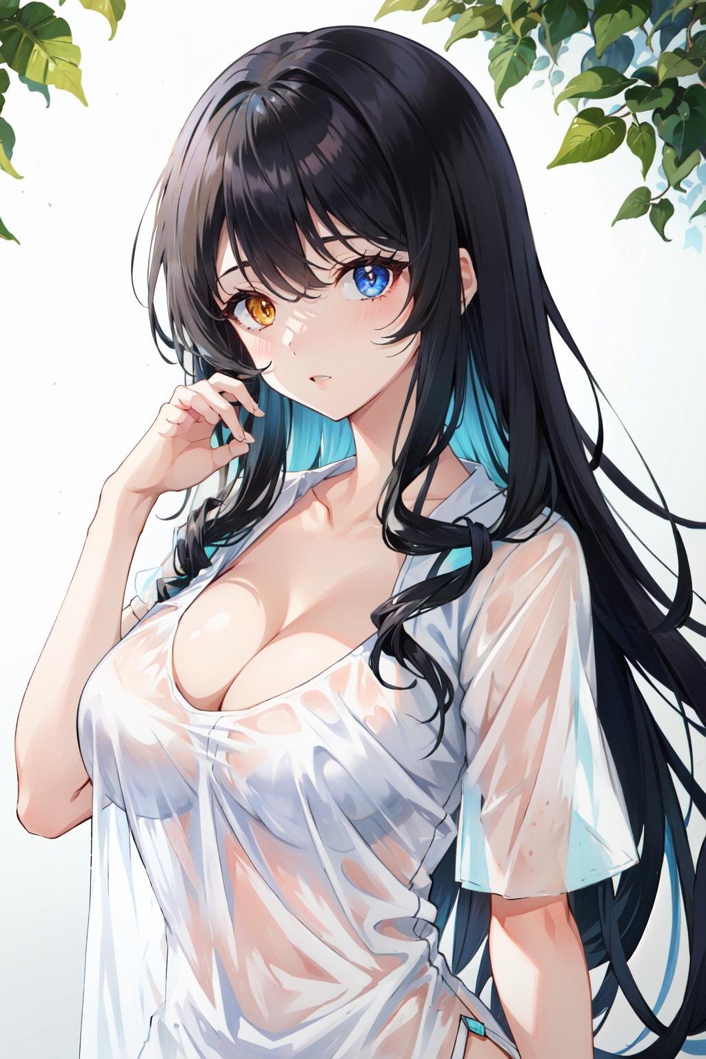 1girl,solo, black hair,hair,twin drills , long hair,pink shirt,see-through ,large breasts,cleavage, heterochromia ,oversized clothes, oversized shirt, upper body, looking at viewer<lora:oversized_shirt_offset:1>