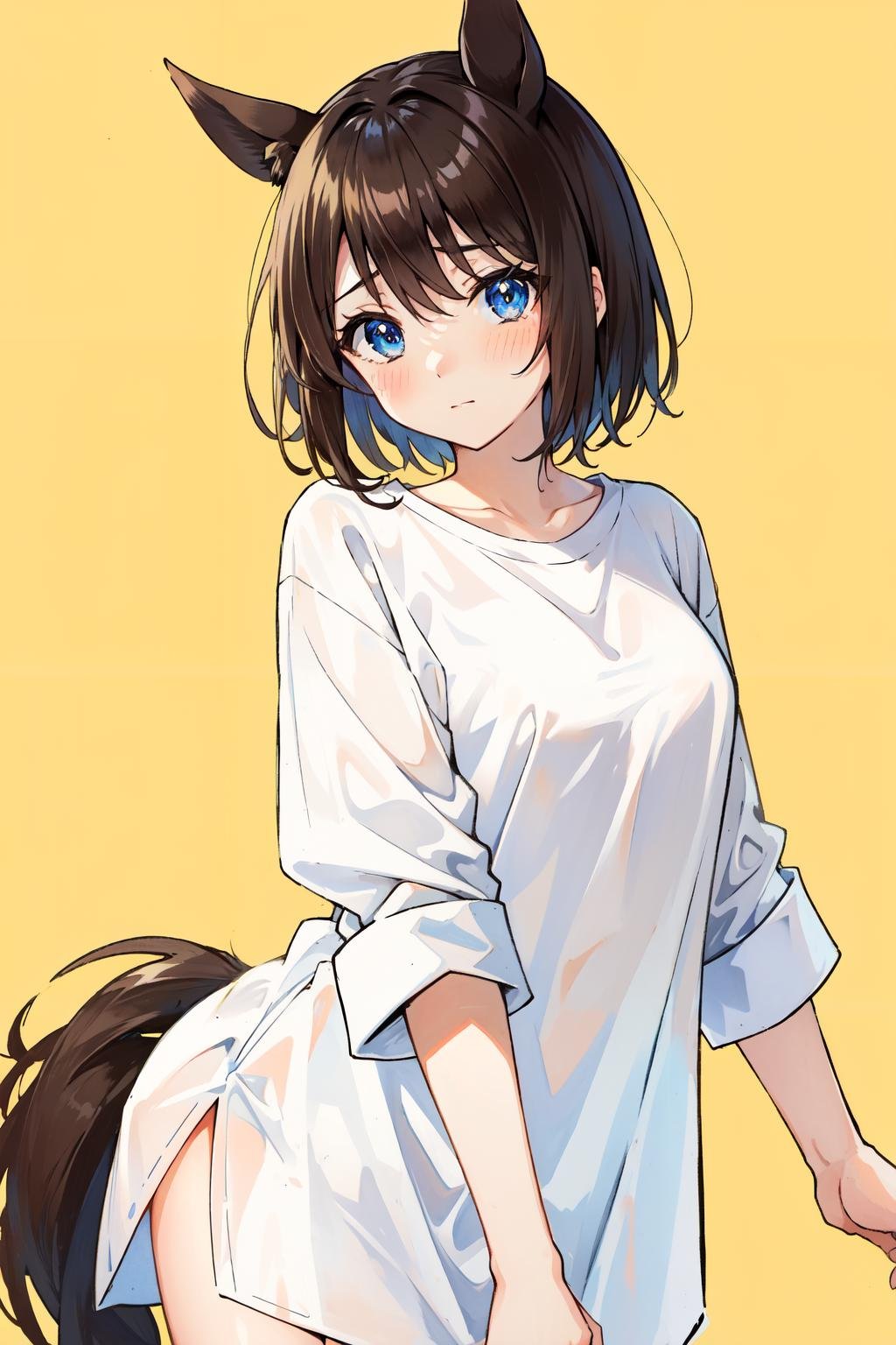 oversized shirt, 1girl, solo, animal ears, horse ears, tail,   brown hair, blue eyes, horse tail, shirt, horse girl, simple background, yellow background, looking at viewer, white shirt, short hair, blush, shirt tug, closed mouth, bangs, cowboy shot<lora:oversized_shirt_offset:1>