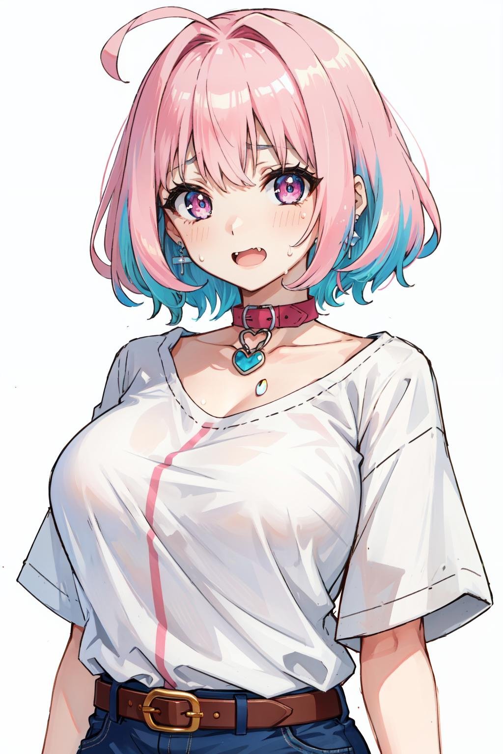 oversized shirt, 1girl, yumemi riamu, pink hair, solo, shirt, breasts, collar, ahoge, white background, open mouth, pink eyes, upper body, simple background, jewelry, pill earrings, earrings, multicolored hair, fang, blue hair, two-tone hair, large breasts, sweat, looking at viewer, belt collar, short sleeves, hair intakes, short hair<lora:oversized_shirt_offset:1>