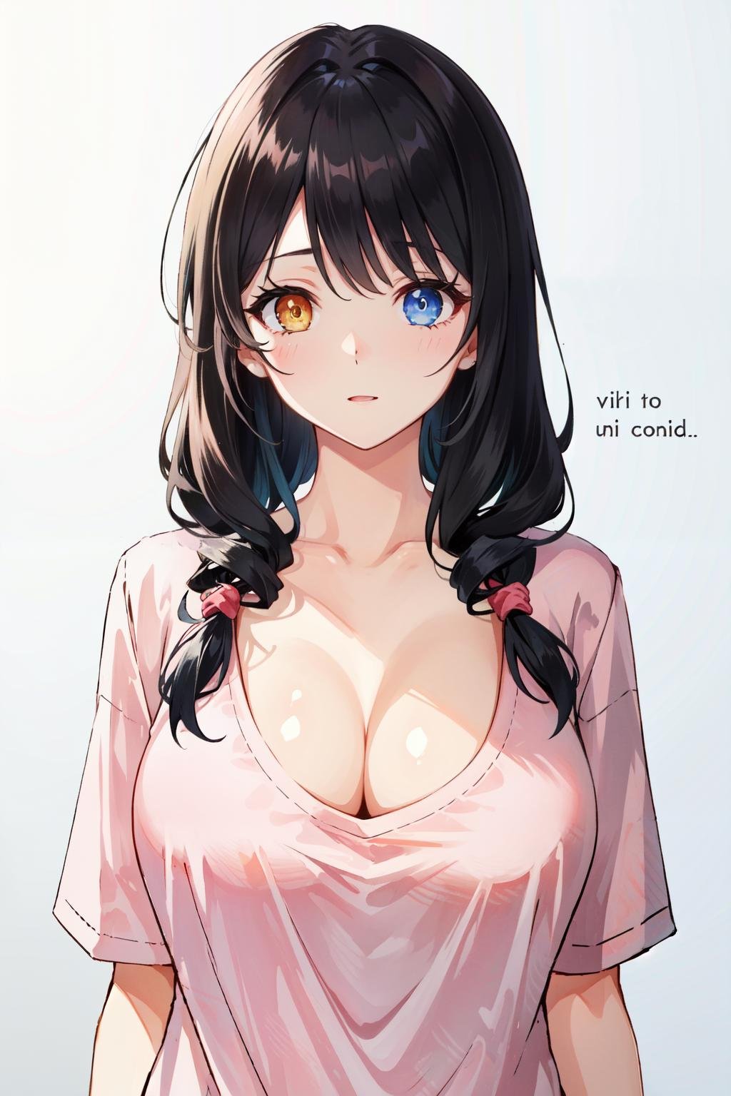 1girl,solo, black hair,hair,twin drills , long hair,pink shirt,text on shirt ,large breasts,cleavage, heterochromia ,oversized clothes, oversized shirt, upper body, looking at viewer<lora:oversized_shirt_offset:1>
