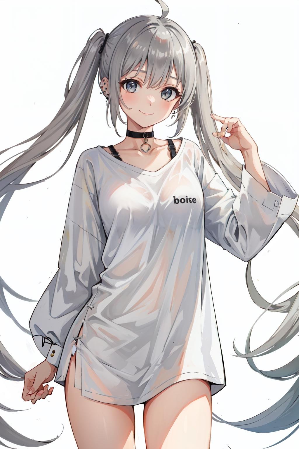 oversized shirt, 1girl, solo,  long hair, shirt, white background, choker, white shirt, looking at viewer, ahoge, breasts, simple background, black choker, grey hair, grey eyes, very long hair, thighs, piercing, smile, ear piercing, bra strap, jewelry, twintails<lora:oversized_shirt_offset:1> 