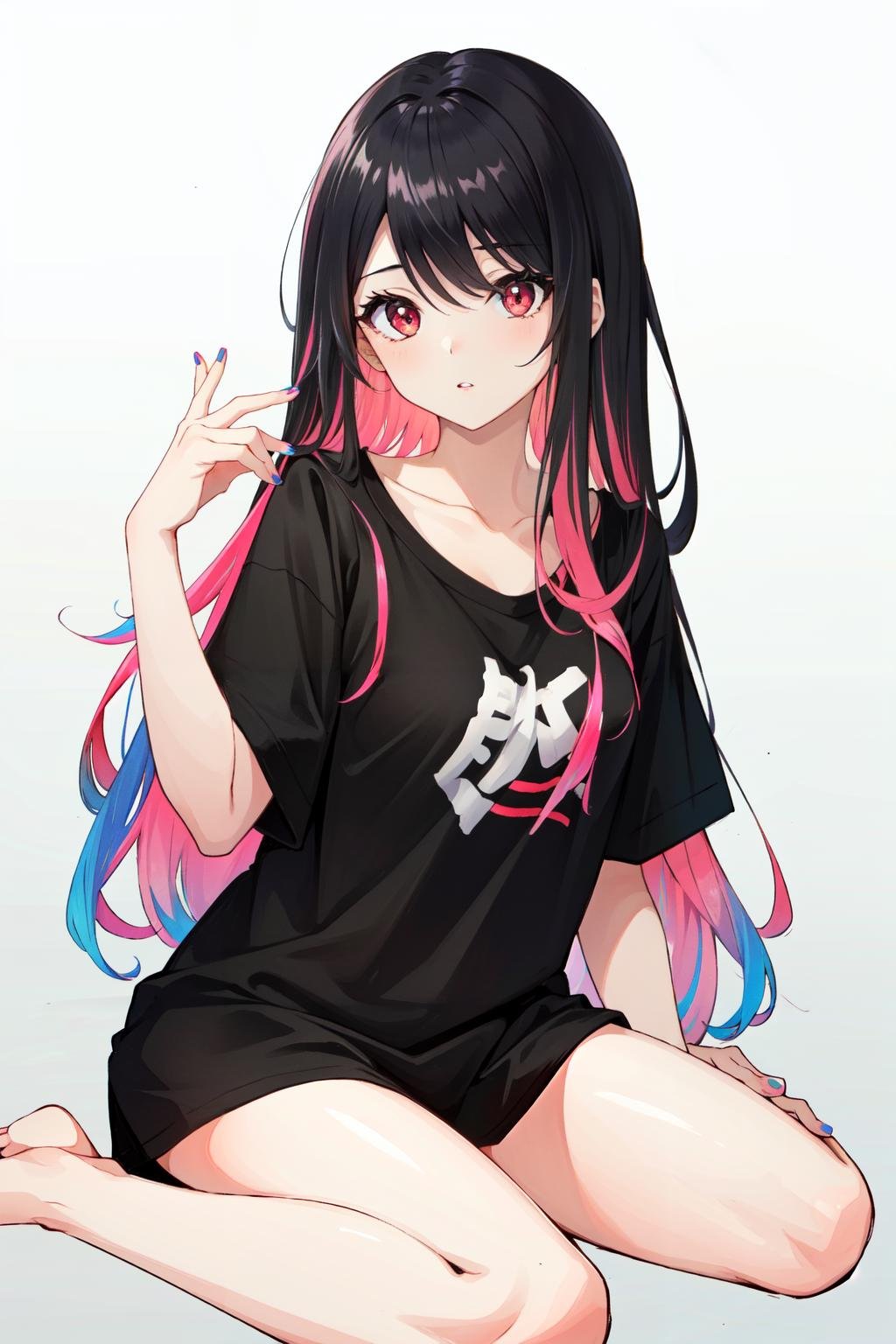 oversized shirt, 1girl, solo, long hair, shirt, sitting, black hair, black shirt, multicolored hair, pink hair, looking at viewer, wariza, red eyes, gradient, gradient background, bangs, short sleeves, pink nails, grey background, parted lips, nail polish, bare legs, simple background, collarbone, hand up<lora:oversized_shirt_offset:1>