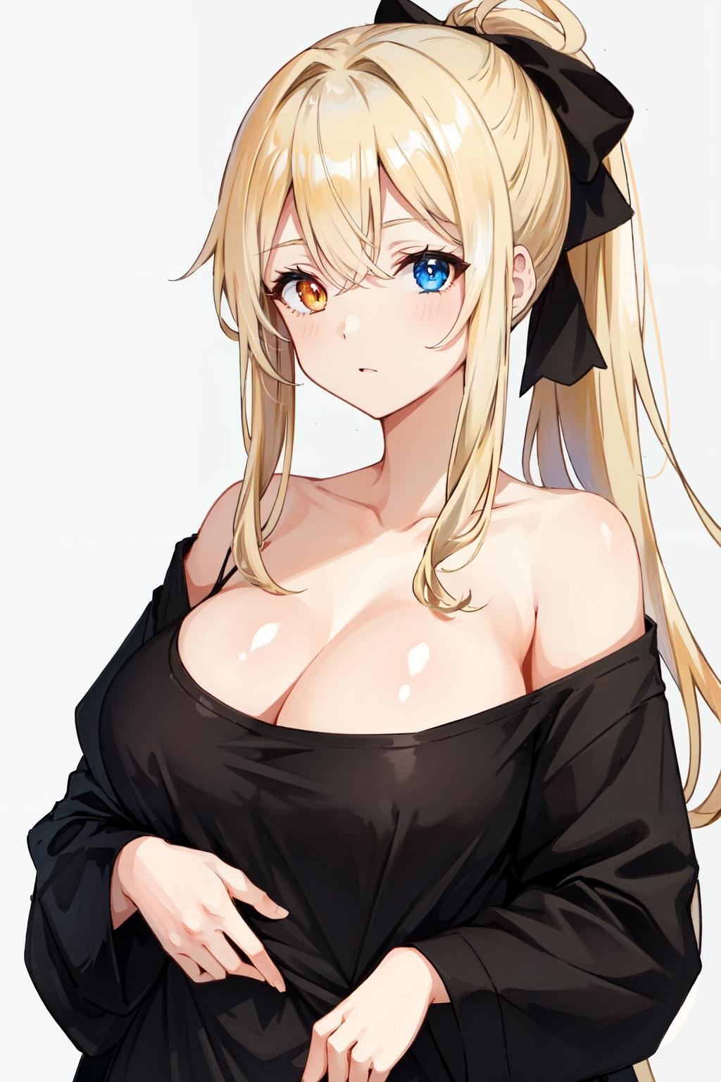 1girl,solo, blonde hair,ponytail, long hair,black shirt, ,large breasts,cleavage, heterochromia ,oversized clothes, oversized shirt, upper body, looking at viewer,off shoulder <lora:oversized_shirt_offset:1>