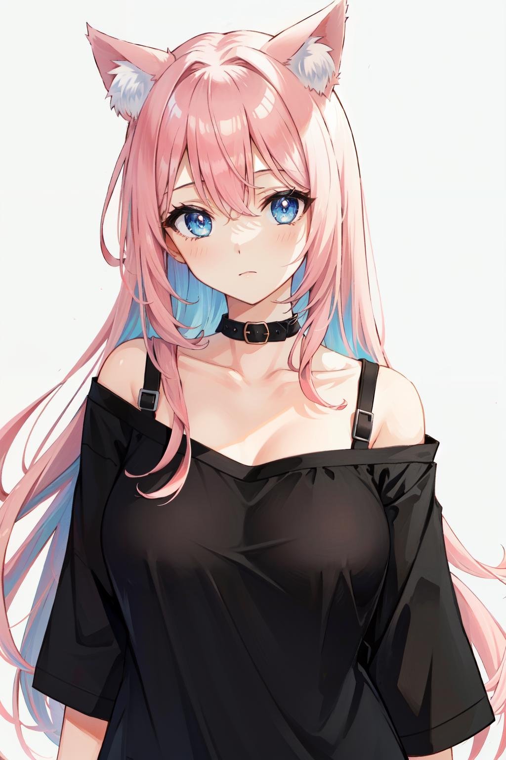 1girl,solo, pink hair, long hair,black shirt, cat ears,cat girl,large breasts,bra strap,oversized clothes, oversized shirt, upper body, looking at viewer,off shoulder <lora:oversized_shirt_offset:1>