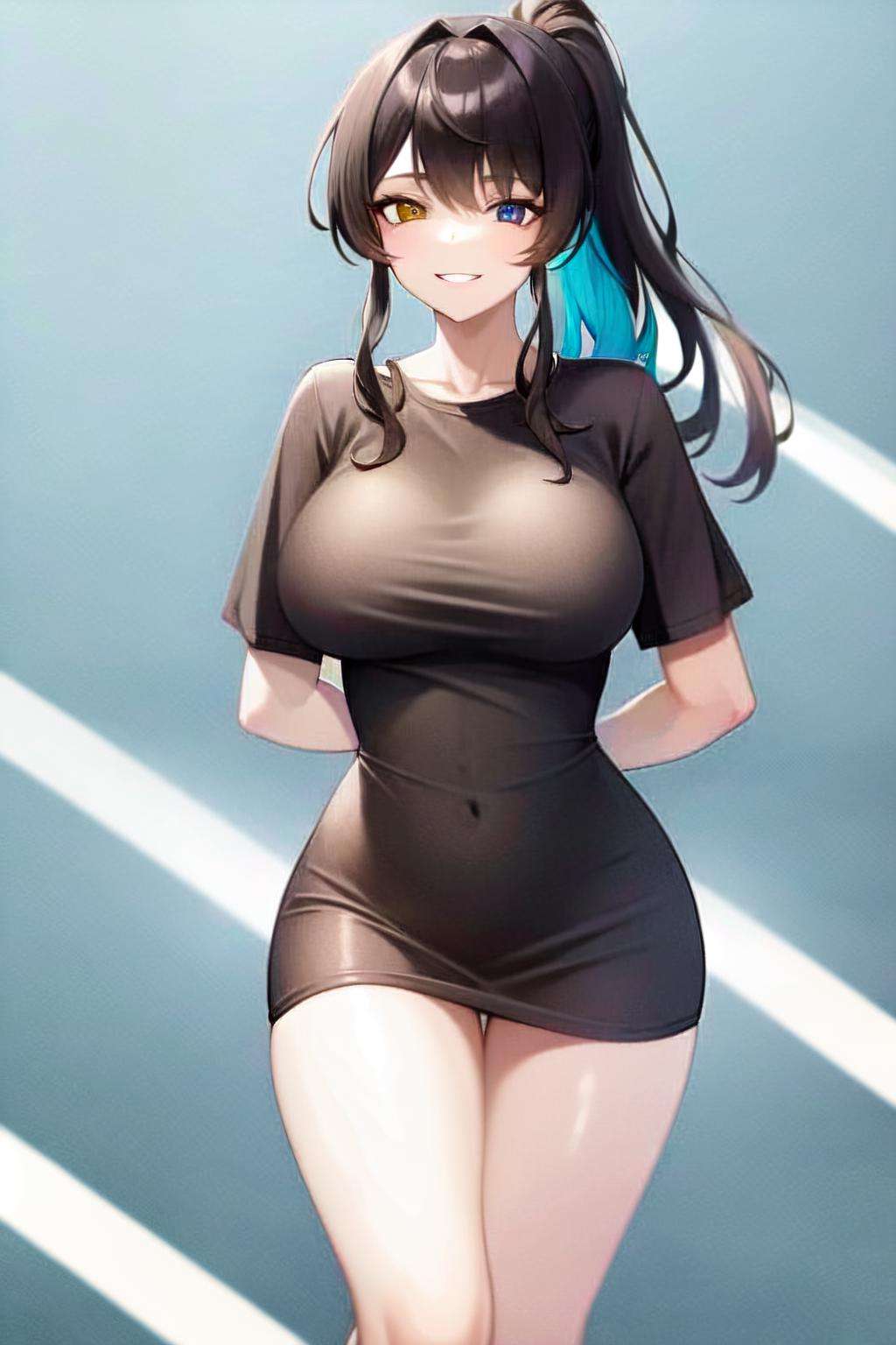 pajama challange,1girl ,solo,black shirt , tshirt , arms behind back, large breast , happy , smile ,long hair , long ponytail , multicolored hair ,heterochromia,  looking at viewer, (absurdres, highres , masterpiece, best quality, sharp)<lora:pajama-04:0.7>