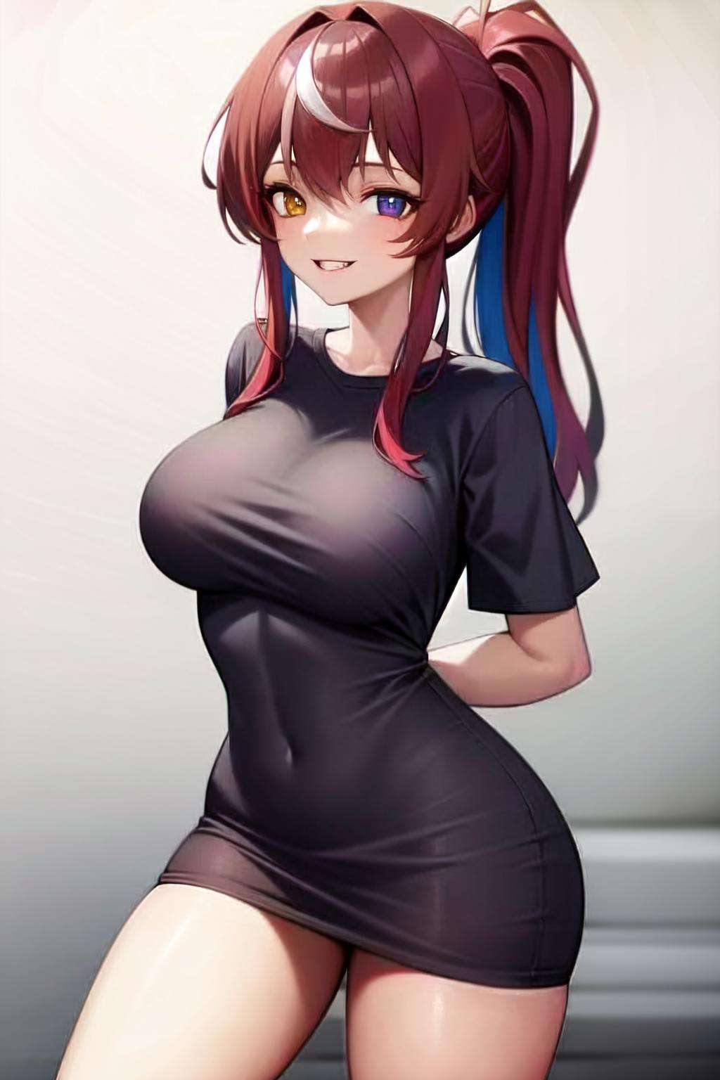 pajama challange,1girl ,solo,black shirt , tshirt , arms behind back, large breast , happy , smile ,long hair , long ponytail , multicolored hair ,heterochromia,  looking at viewer, (absurdres, highres , masterpiece, best quality, sharp)<lora:pajama-04:0.7>