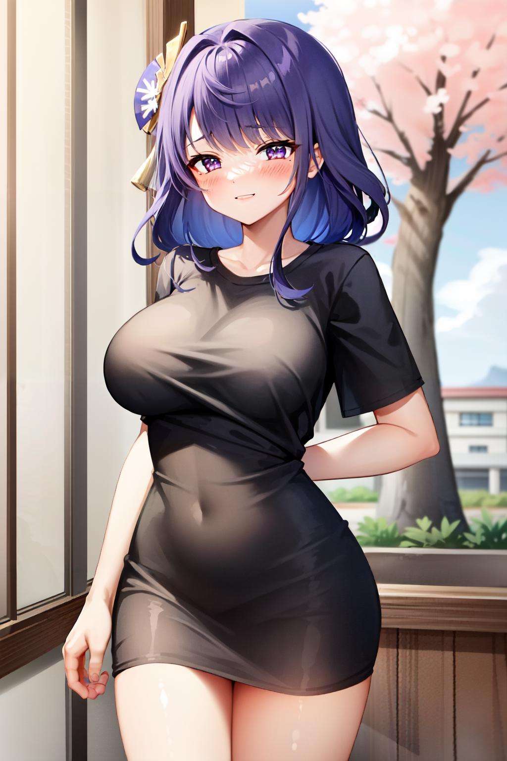 pajama challange, short sleeves,1girl ,solo, japanese house , cherry blossoms, black shirt , raiden shogun(genshin impact),purple hair , purple eye,long hair , braided ponytail,short sleeves, arms behind back, blush , looking at viewer, happy,blush ,large breast,tight shirt, alluring eyes,<lora:pajama challenge:0.7> <lora:raiden shogun_LoRA:0.6>,