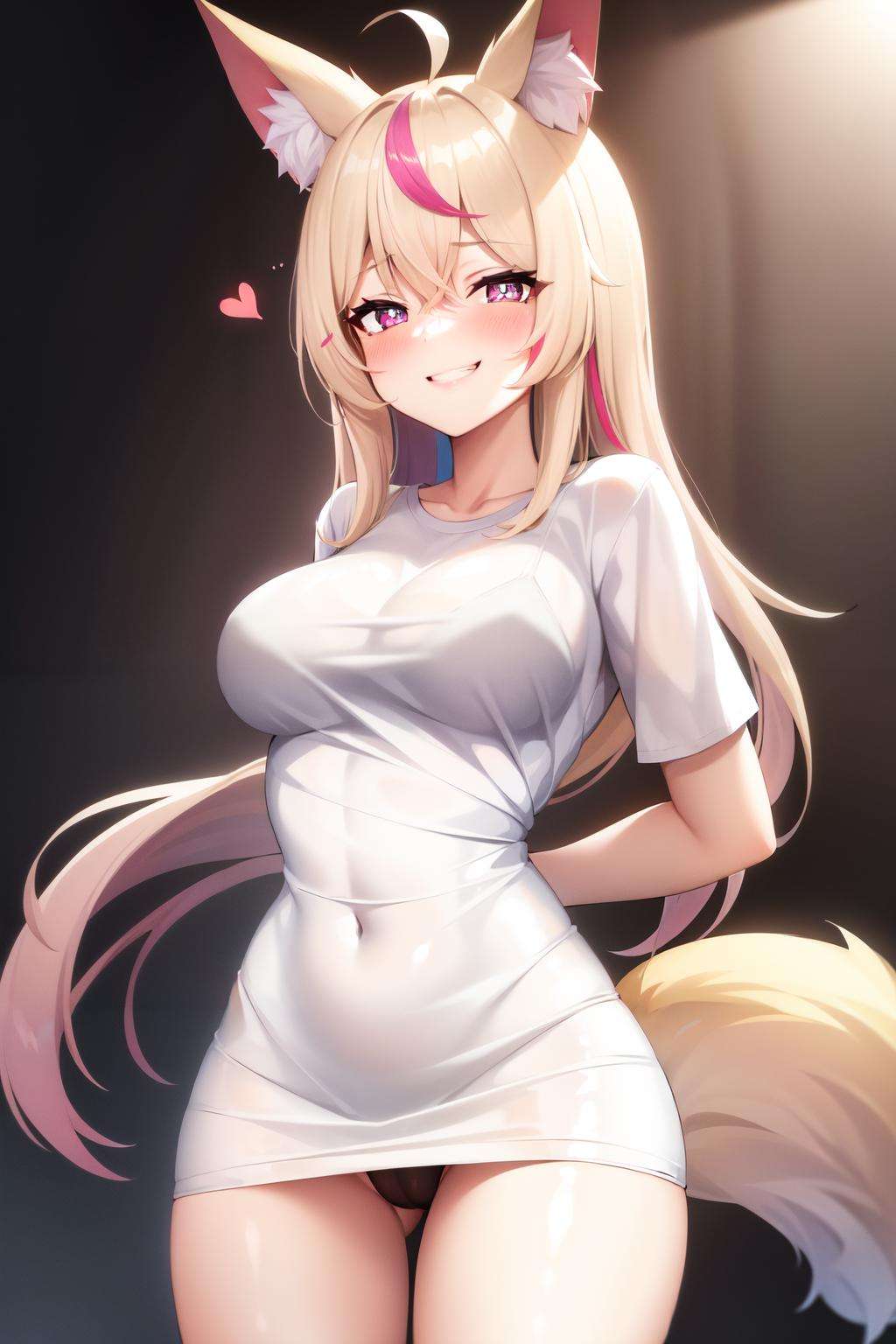 pajama challange, white shirt, simple background, fox ears, bra visible through clothes, white background, virtual youtuber, see-through shirt, bangs, bra, fox girl, multicolored hair, long hair, purple eyes, arms behind back, symbol-shaped pupils, black bra, grin, pink hair, ahoge, solo, looking at viewer, blonde hair, hair between eyes, tail, blush, medium breasts, cowboy shot, fox tail, heart-shaped pupils, black panties, see-through, panties, shirt, underwear, 1girl, thighs, animal ears, smile, breasts, streaked hair, animal ear fluff<lora:pajama challenge:0.7>