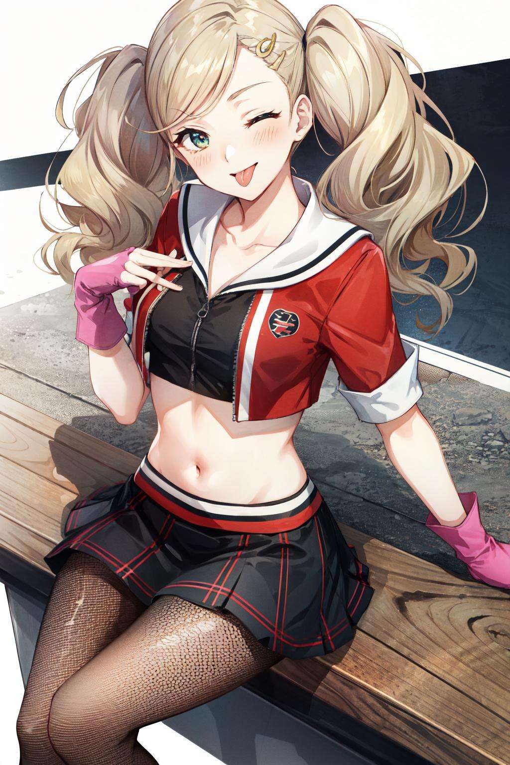 <lora:takamaki_anne-07:1>takamaki anne(persona 5), solo, blush, fishnets, crop top, skirt, hair ornament, ;p, plaid skirt, shirt, blonde hair, fingerless gloves, plaid, tongue, 1girl, tongue out, sitting, twintails, hairclip, long hair, pantyhose, fishnet pantyhose, looking at viewer, midriff, gloves, one eye closed