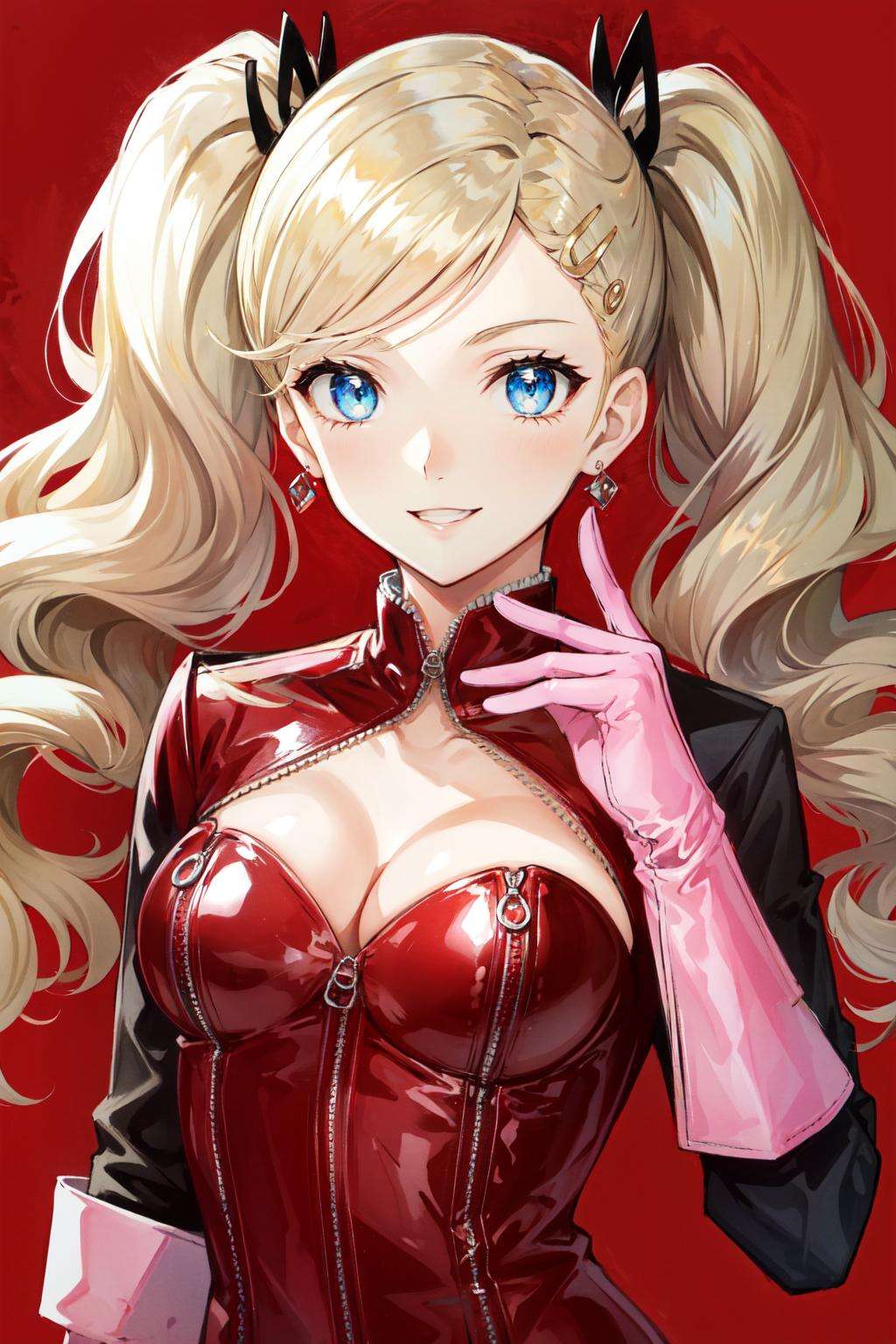 <lora:takamaki_anne-07:1>takamaki anne(persona 5), solo, jewelry, swept bangs, medium breasts, earrings, blue eyes, cleavage, pink gloves, zipper, hair ornament, smile, blonde hair, clothing cutout, upper body, bodysuit, 1girl, parted lips, twintails, hairclip, long hair, cleavage cutout, stud earrings, red background, looking at viewer, shiny, gloves