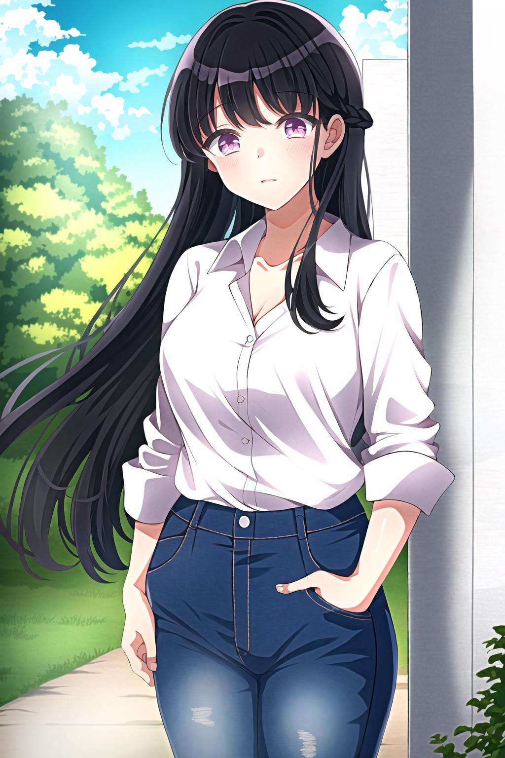 maron artstyle, 1girl, bangs,long hair , white shirt , jeans , shirt tucked in, standing <lora:maron:0.8>