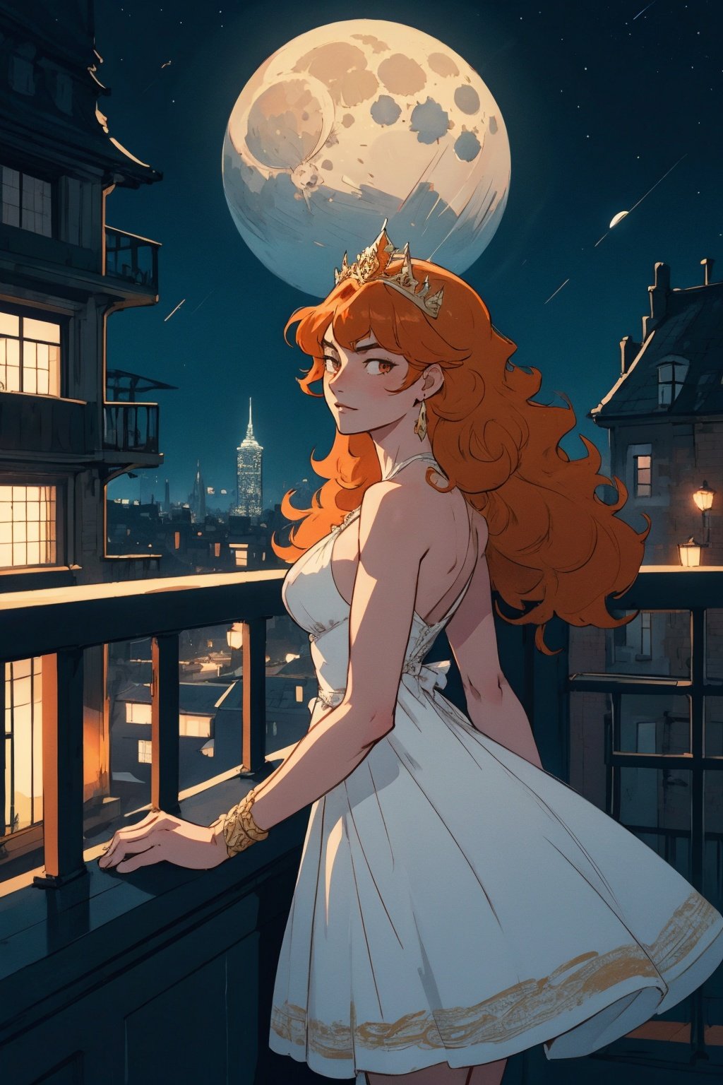 Masterpiece, best quality, comic style,  official art, artistation trending pagez 1woman, a queen looking at the city from a balcony, orange hair, wavy hair, tiara, intricate dress, night sky, moon, from side, extremely detailed, 
