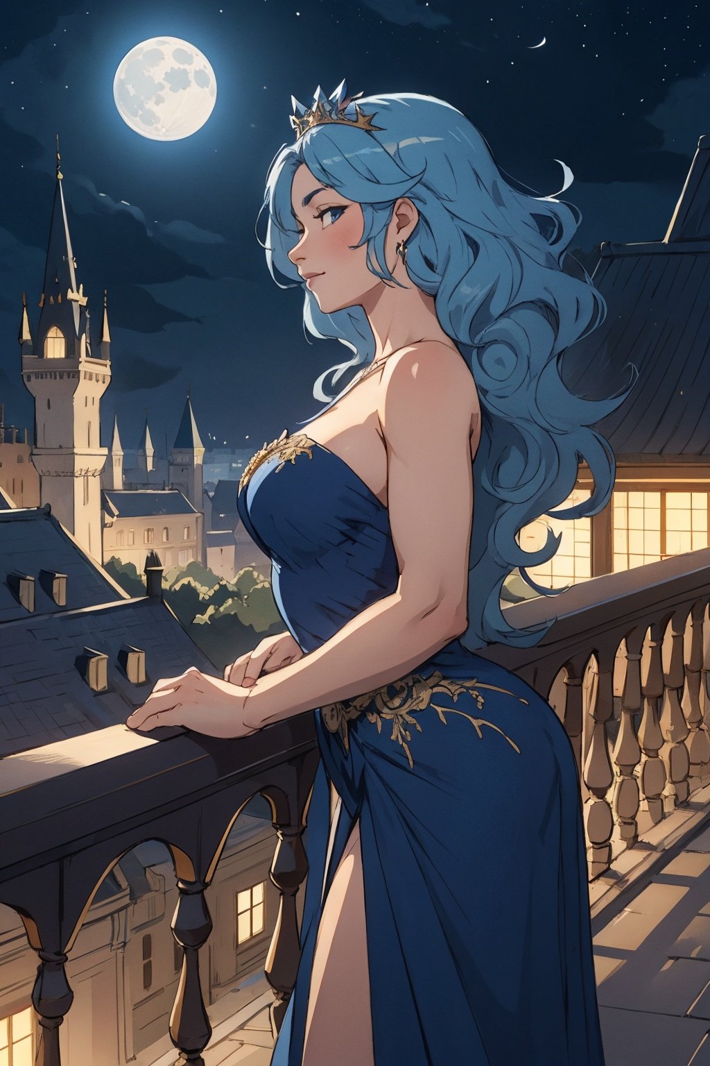 Masterpiece, best quality, official art, artistation, Best artist, 1woman, a queen looking at the city from a balcony, Castle ground, blue hair, shiny hair, wavy hair, tiara, intricate dress, night sky, moon, from side, extremely detailed, cute, femenine. 