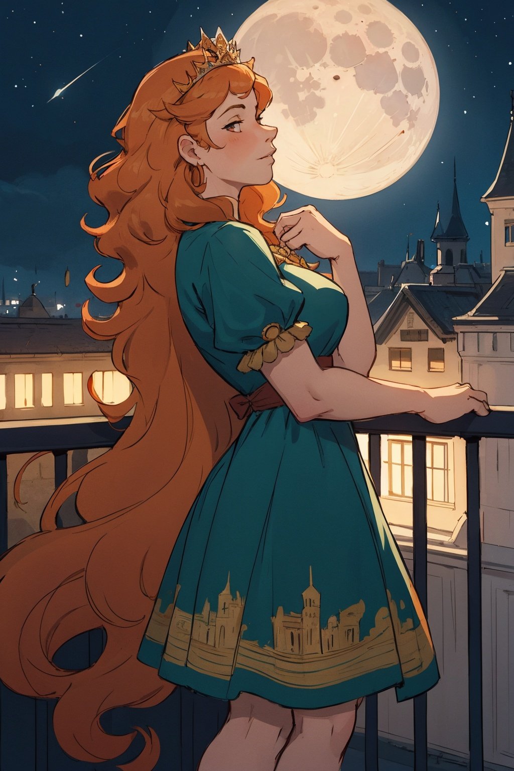 Masterpiece, best quality, comic style,  official art, artistation trending page, 1woman, a queen looking at the city from a balcony, Castle ground, orange hair, wavy hair, tiara, intricate dress, night sky, moon, from side, extremely detailed, cute, femenine. 