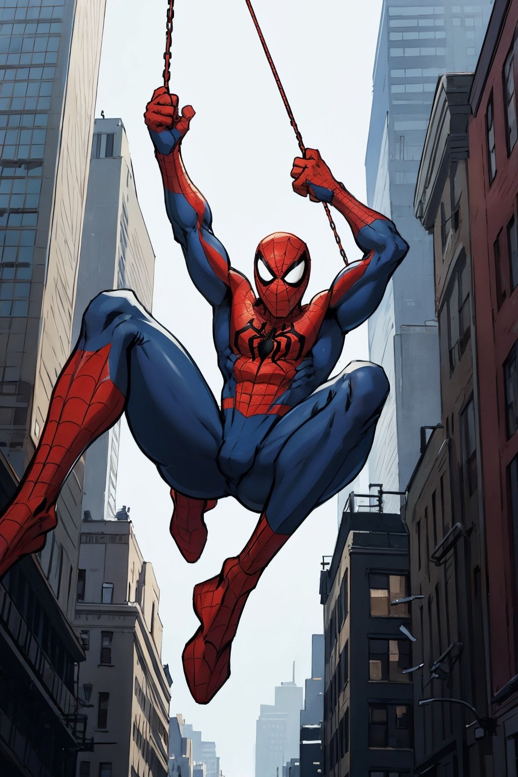 Masterpiece, best quality, official art, artistation, Best artist, spiderman swinging on New York buildings, motion lines, wide_shot, extremely detailed.