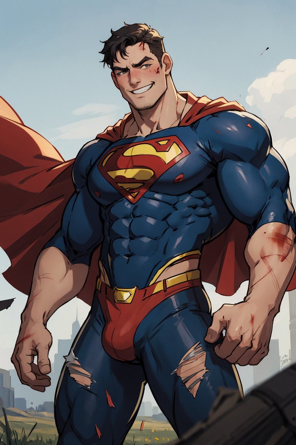 Masterpiece, best quality, official art, artistation, Best artist, 1boy, superman costume, ready to fight, grin, wounded, torn clothes, battlefield, extremely detailed, 