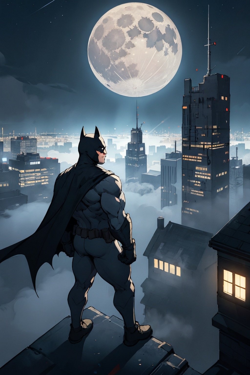 Masterpiece, best quality, official art, artistation, Best artist, 1boy, batman costume, looking the city below from the top of a building, night sky Gotham, moon 🌙, volumetric lighting, extremely detailed, foggy.