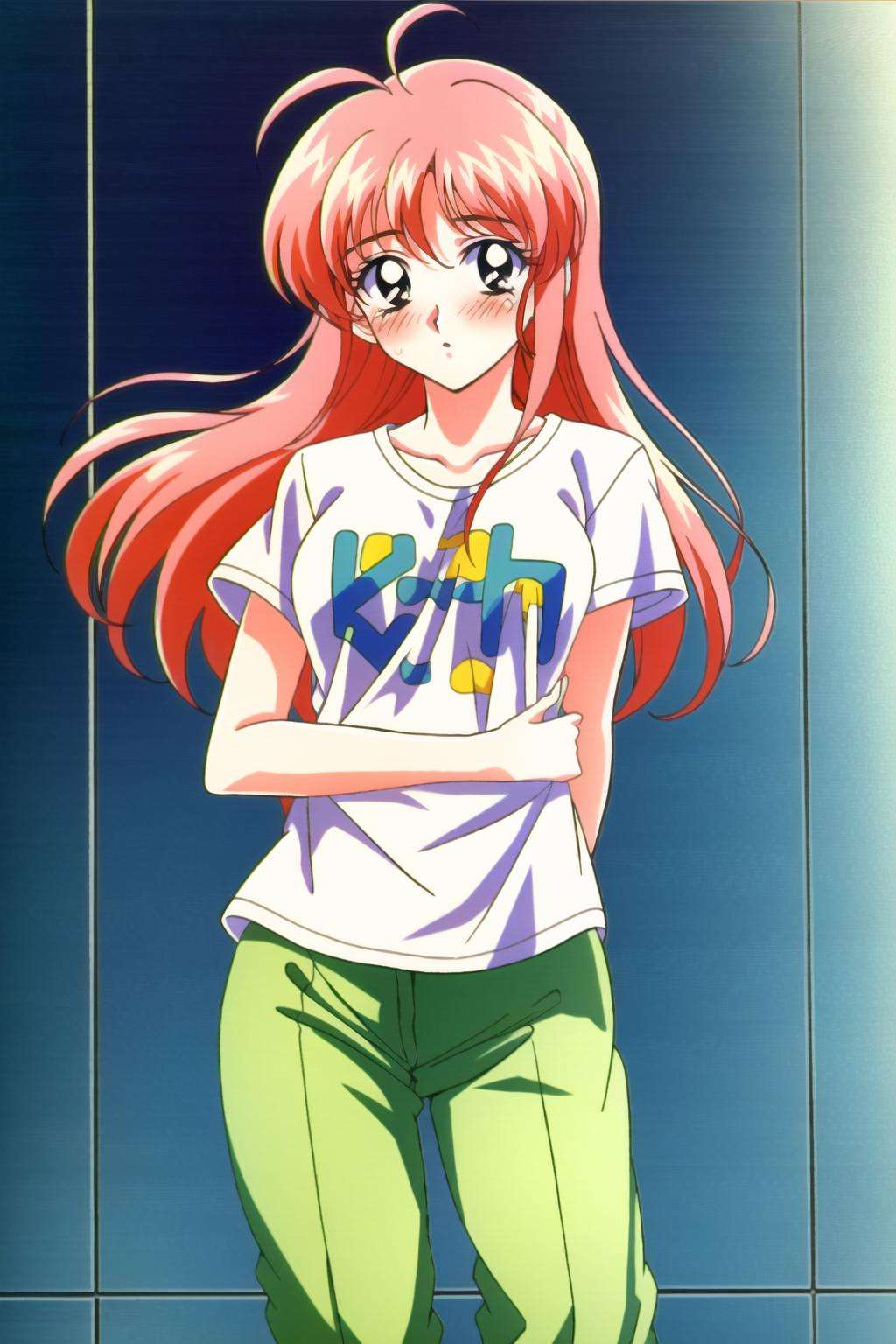 retro style , retro artstyle,1990s \(style\),1girl , solo , medium breast , bang , ahoge, long hair , blush, standing , shirt, pant , looking at viewer,  <lora:retro_style:0.6>