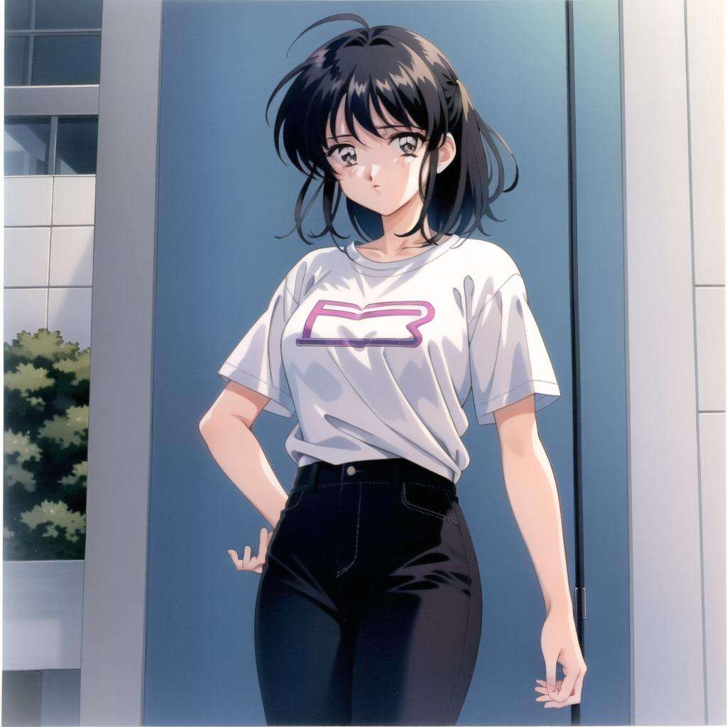 retro style , retro artstyle, 1990s \(style\), 1girl , solo , standing , shirt, pant , looking at viewer, <lora:retro_style:0.7>