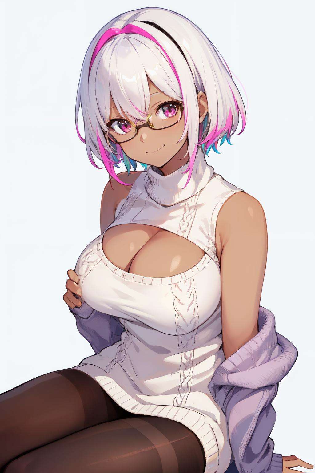 <lora:open-chest-sweater:0.7> open chest sweater, 1girl, solo, breasts, glasses, cleavage, large breasts, cleavage cutout, sitting, multicolored hair, looking at viewer, shirt, pink sweater, white background, simple background, white hair, short hair, smile, sleeveless sweater, dark skin, dark-skinned female