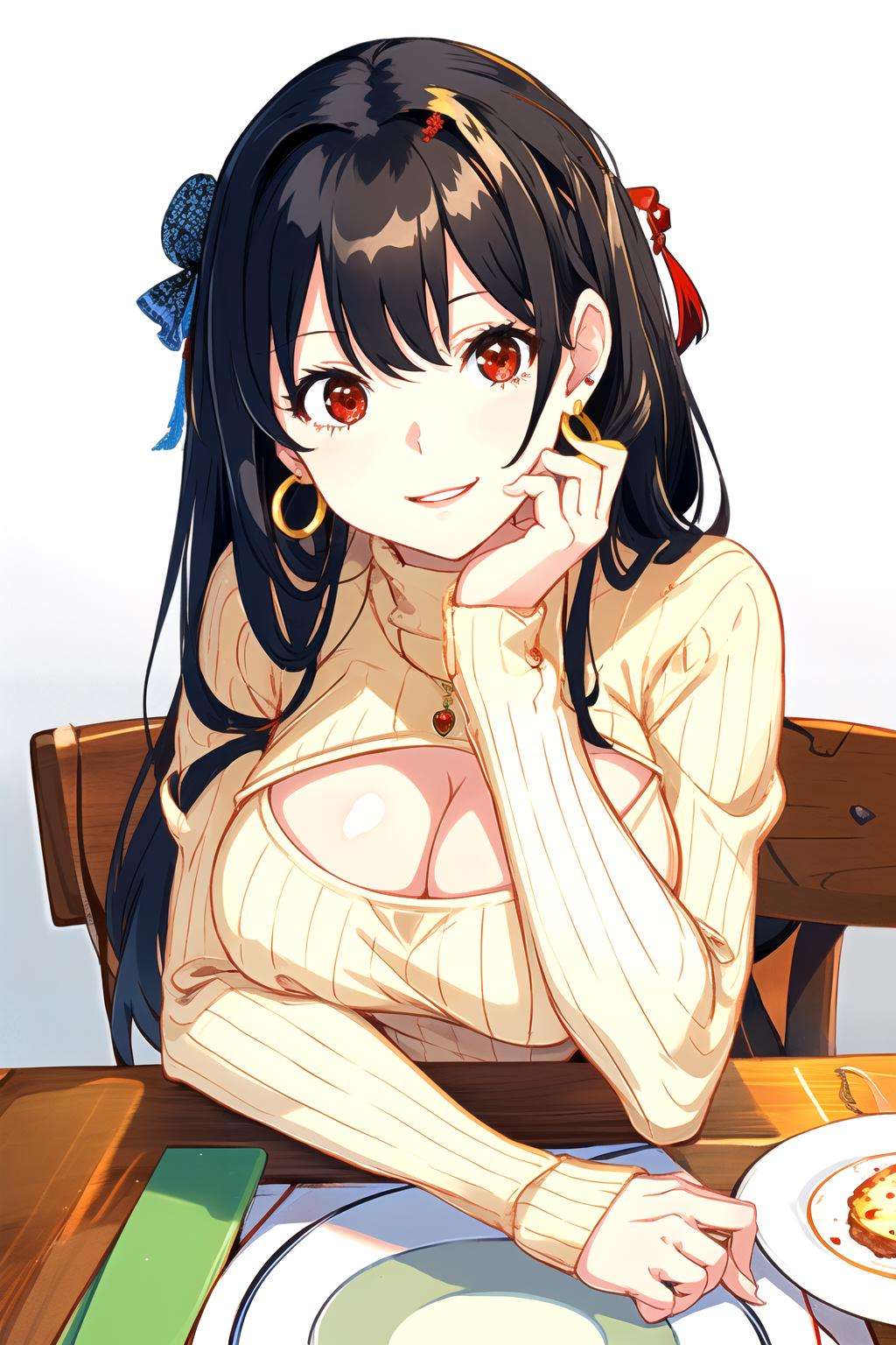 <lora:open-chest-sweater:1> 1girl,solo, upper body, open chest sweater, cleavage cutout, ribbed sweater, black hair, red eyes, jewelry , hop earrings, large breasts, looking at viewer, red lips , colorful, hand rest, pov across table, hand rest