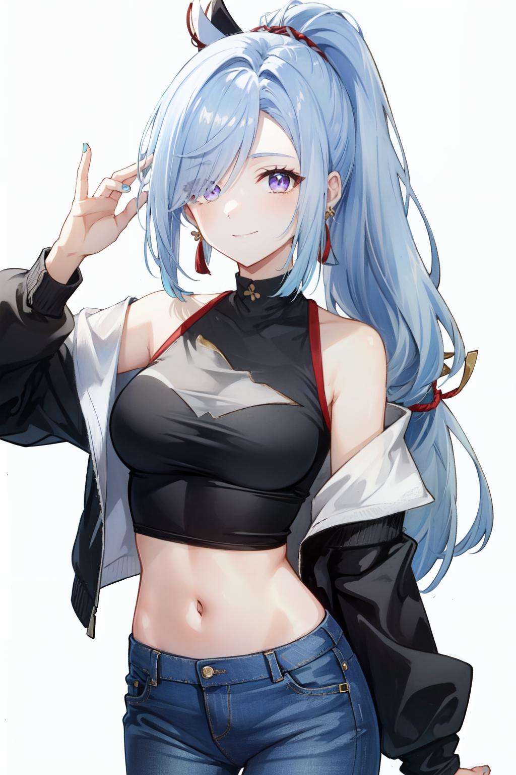 <lora:shenhe-10:1>shenhe(genshin impact), eyes visible through hair, red shirt, off shoulder, 1girl, hair over one eye, black pants, casual, jacket, nail polish, blue eyes, jewelry, clothing cutout, ponytail, solo, purple eyes, white hair, contemporary, simple background, midriff, long hair, denim, earrings, smile, looking at viewer, jeans, shirt, pants, long sleeves, crop top