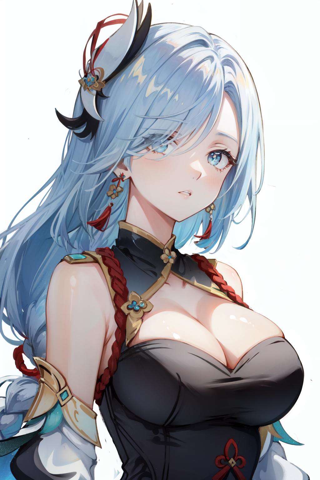 <lora:shenhe-10:1>shenhe(genshin impact), shoulder cutout, bare shoulders, very long hair, tassel, braided ponytail, hair over one eye, 1girl, tassel earrings, white background, blue eyes, braid, hair ornament, jewelry, clothing cutout, cleavage, solo, white hair, large breasts, simple background, long hair, earrings, parted lips, upper body, looking at viewer