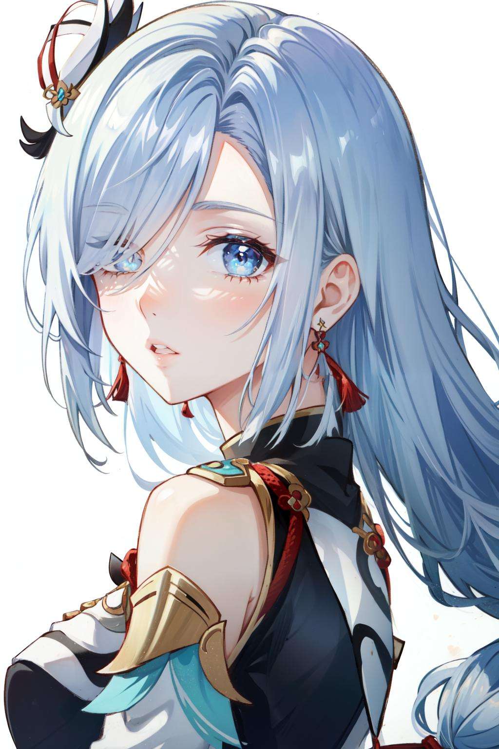 <lora:shenhe-10:1>shenhe(genshin impact), tassel, hair over one eye, 1girl, tassel earrings, white background, solo, simple background, jewelry, long hair, blue eyes, earrings, white hair, parted lips, upper body, looking at viewer