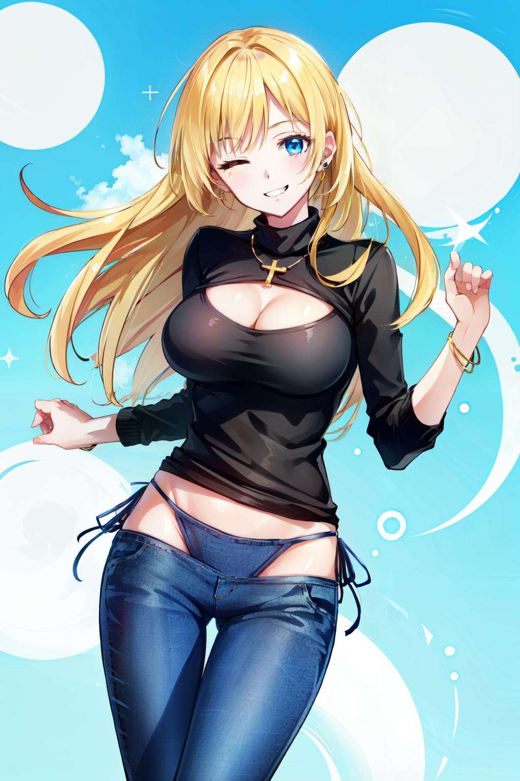 bikini jeans, one eye closed, clothing cutout, meme attire, necklace, turtleneck, jeans, large breasts, lowleg, blue eyes, blonde hair, smile, pants, lowleg pants, jewelry, sweater, solo, 1girl, cleavage cutout, cross, cleavage, open-chest sweater, long hair, denim<lora:bikini_jeans-10:0.7>