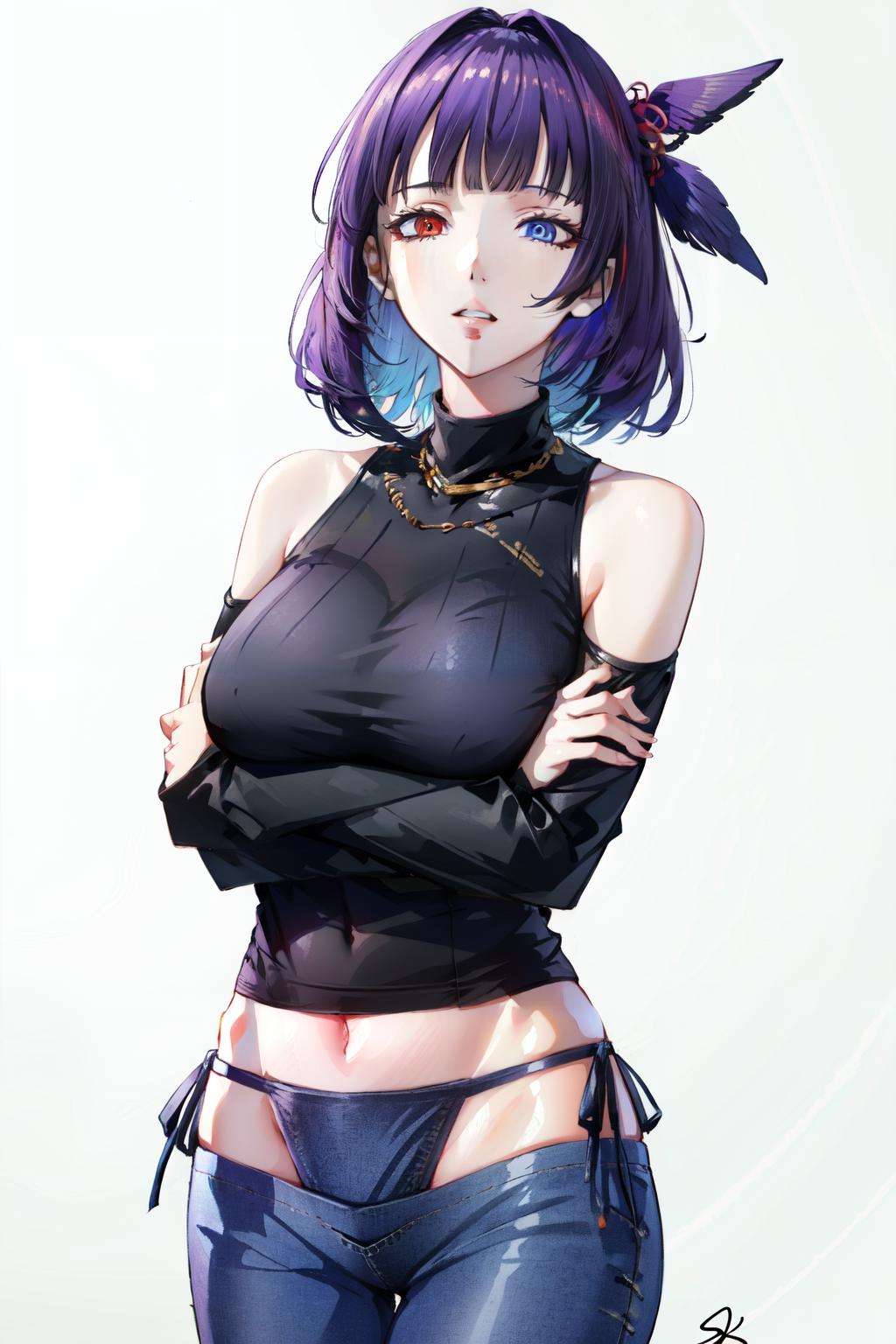 bikini jeans, midriff, shirt, clothing cutout, simple background, medium hair, looking at viewer, panties, jeans, heterochromia, large breasts, blunt bangs, purple hair, navel, blue eyes, red eyes, crossed arms, white background, pants, parted lips, shoulder cutout, signature, solo, 1girl, long sleeves, bare shoulders, denim, underwear, black shirt <lora:bikini_jeans-10:1>