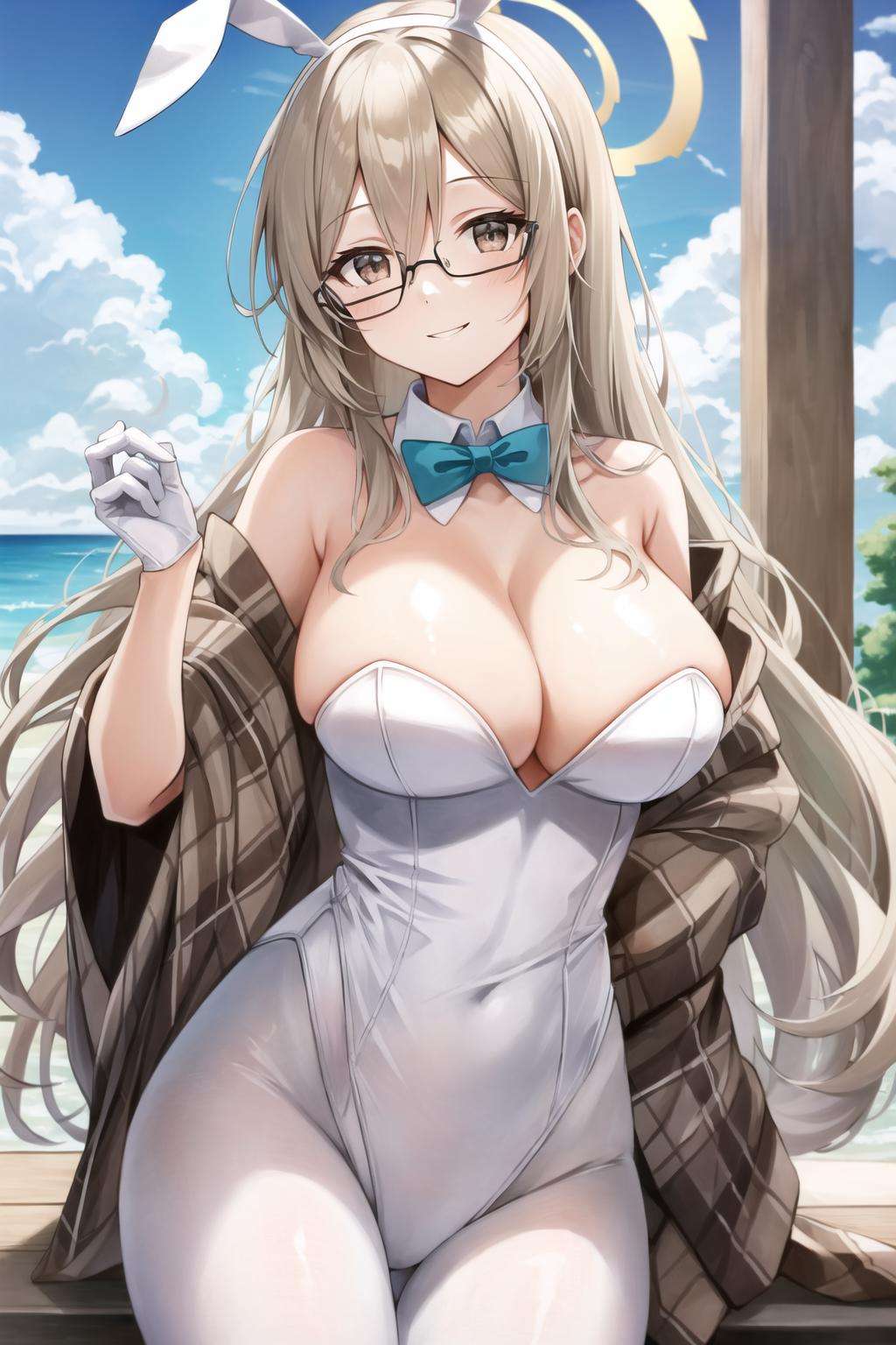 akane bunny, large breasts, pantyhose, white pantyhose, hair between eyes, bare shoulders, bowtie, looking at viewer, official alternate costume, brown eyes, 1girl, strapless, gloves, long hair, detached collar, black-framed eyewear, white gloves, cleavage, leotard, aqua bow, playboy bunny, white leotard, bow, solo, hand up, glasses, halo, bangs, rabbit ears, animal ears, aqua bowtie, fake animal ears, smile, strapless leotard, breasts<lora:akane_bunny-08:0.8>