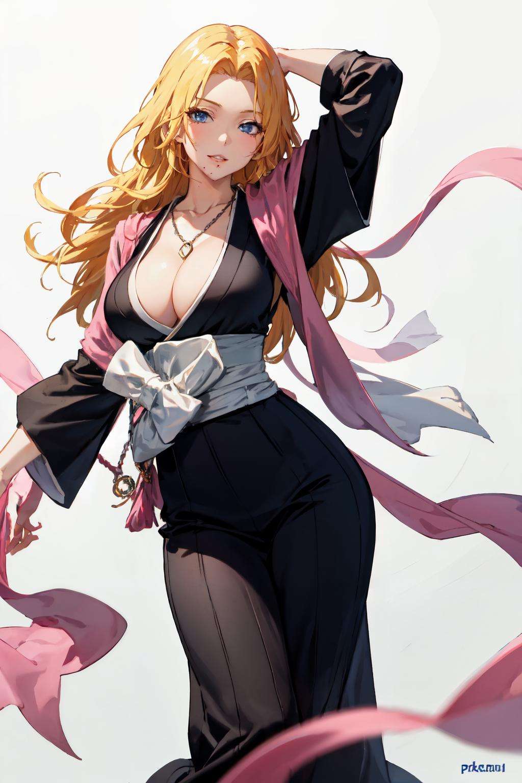 <lora:matsumoto_rangiku:1>matsumoto rangiku, parted lips, white background, sash, arm behind head, jewelry, mole, wide sleeves, standing, long hair, japanese clothes, arm up, smile, blue eyes, large breasts, 1girl, looking at viewer, haori, necklace, cleavage, blonde hair, kimono, solo