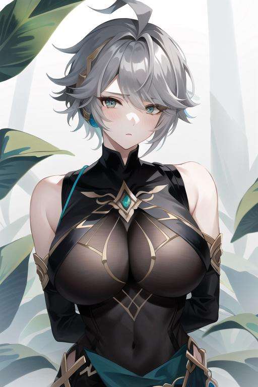 masterpiece, best quality,alhaitham\(genshin impact\), 1girl, genderswap,genderswap \(mtf\),solo, breast , huge breast,grey hair, gloves, bangs, upper body,  looking at viewer,  ahoge, short hair,hair between eyes, multicolored hair,arm arms behind back, swept bangs, elbow gloves, black shirt, sleeveless shirt, sidelocks, detached sleeves, parted bangs  <lora:alhaitham:0.7>