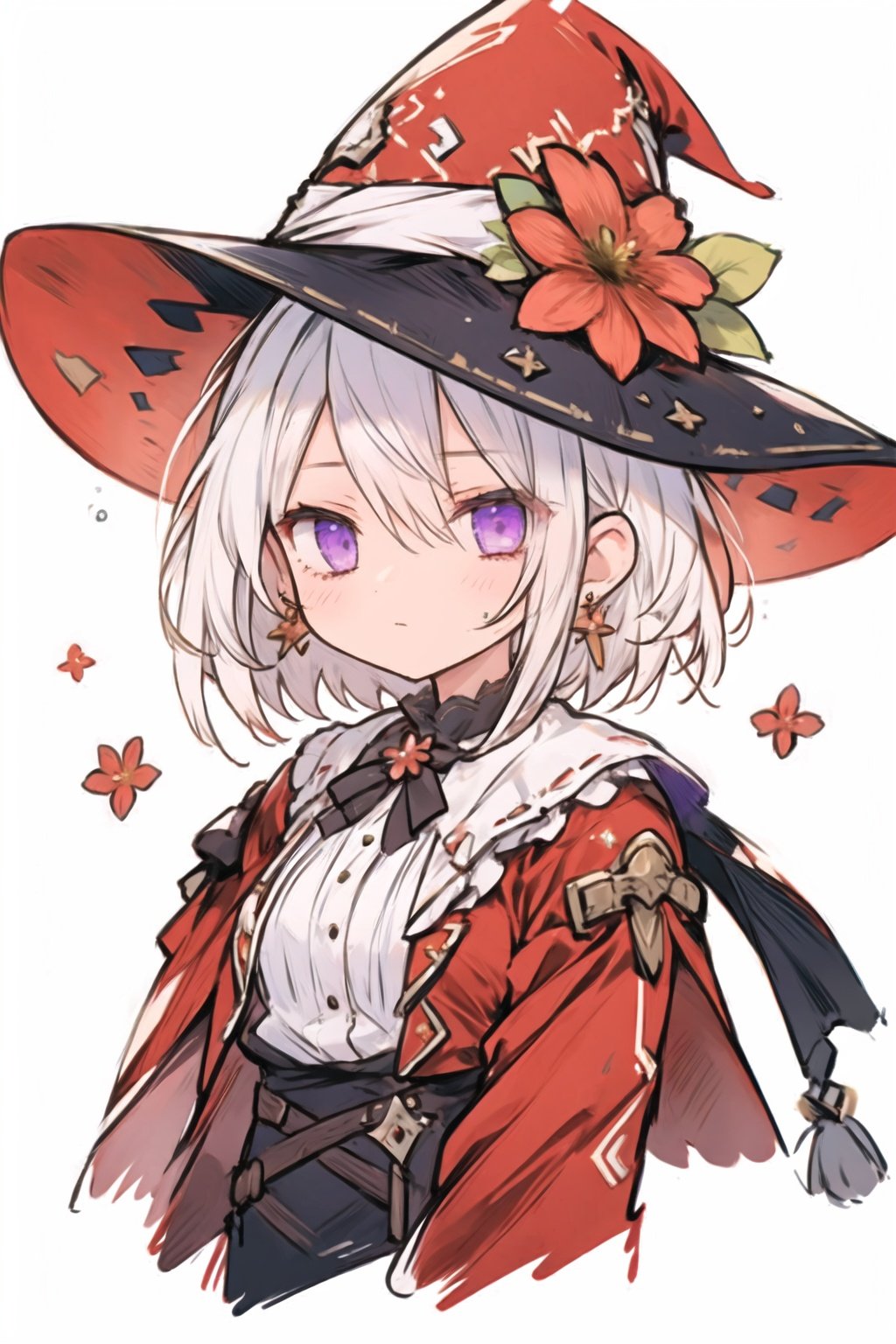 quality_best,style_onineko,(Distinct pupils)(Clear eyes),wizard hat,1girl,solo,c,earrings,looking at viewer,flower,short hair,bangs,closed mouth,simple background,black headwear,white background,red flower,upper body,white hair,hair intakes,frills,purple eyes,hair ornament,expressionless,hat flower,eyelashes,best quality,<lyco:[LoHa]style_onineko_v2:0.6>,<lora:bdsqlsz:0.6>,