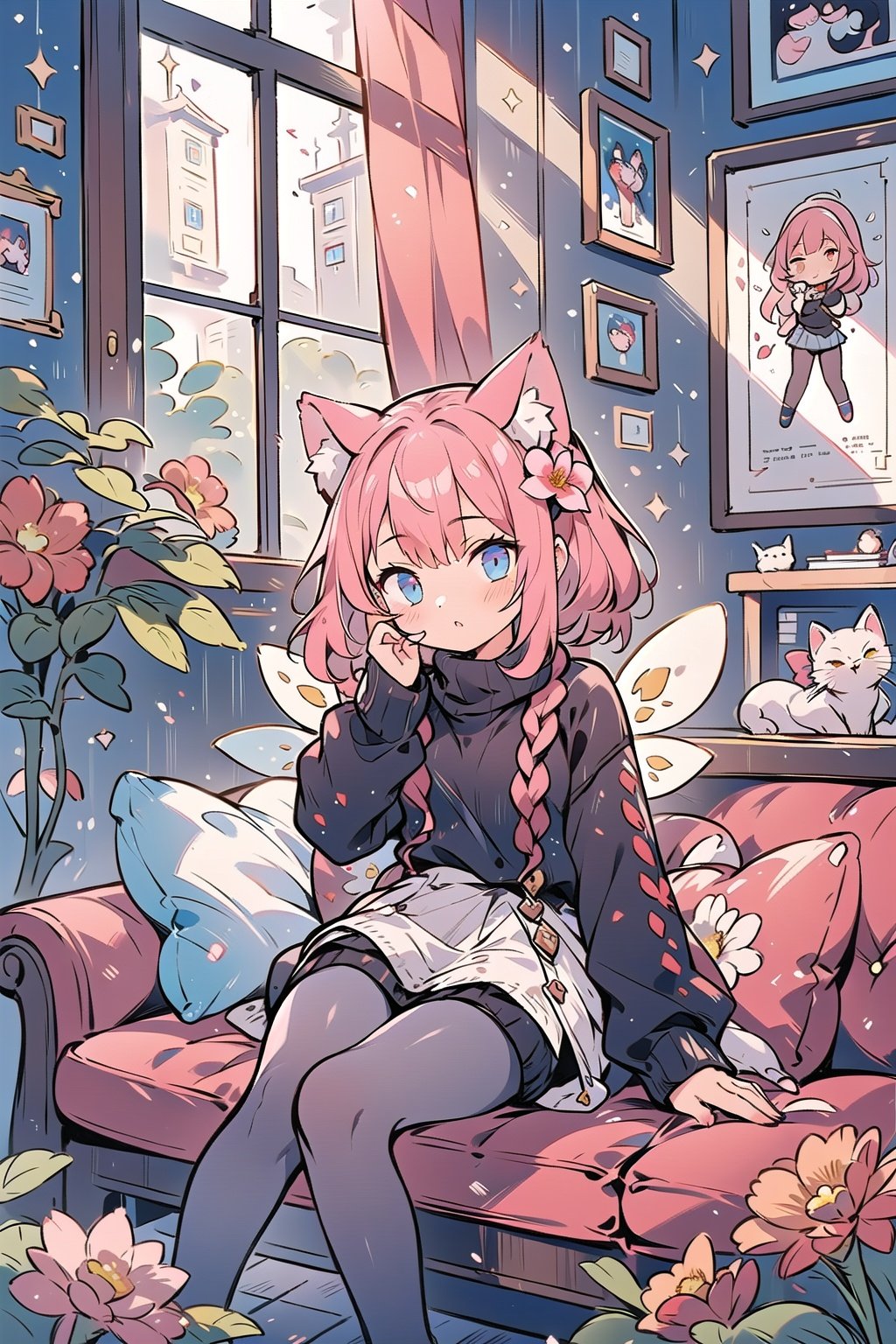 Masterpiece, best quality, (sense of design), poster ((poster design)) (front) room, window, girl sitting on sofa, short pink hair, a pair of fluffy cat ears, black sweater, white pantyhose,fairy tale girl,flower, <lora:EMS-8446-EMS:0.8>, <lora:EMS-970-EMS:0.8>