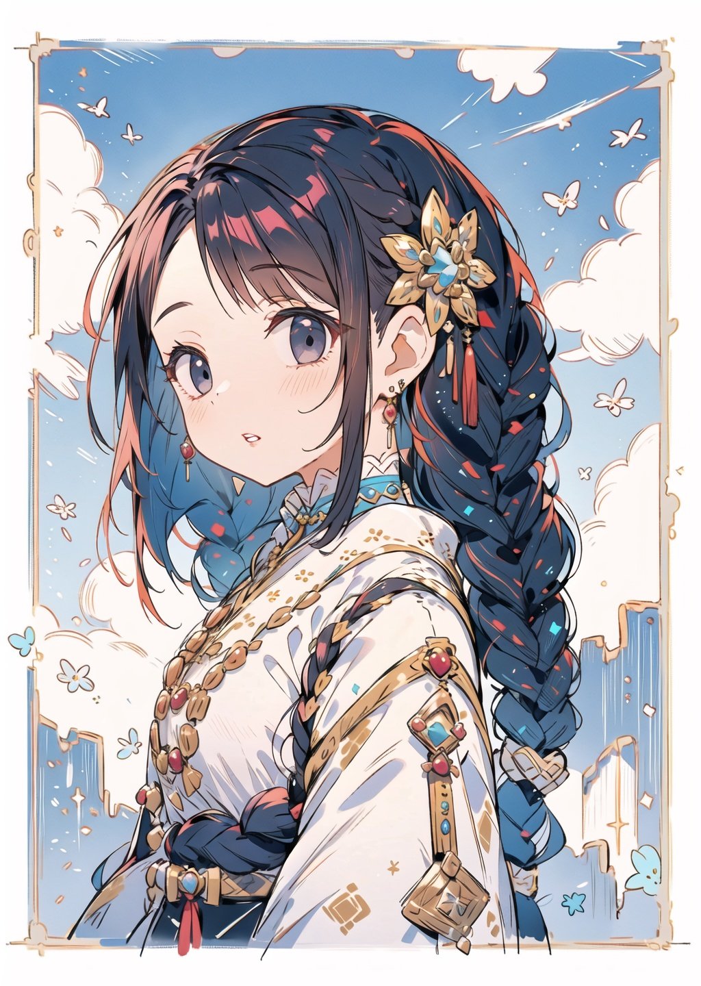 1girl, solo, braid, jewelry, sky, earrings, day, twin braids, cloud, black hair, blue sky, upper body, hair ornament, parted lips, black eyes, long hair, multiple braids, looking at viewer, traditional clothes, lips, masterpiece, best quality,