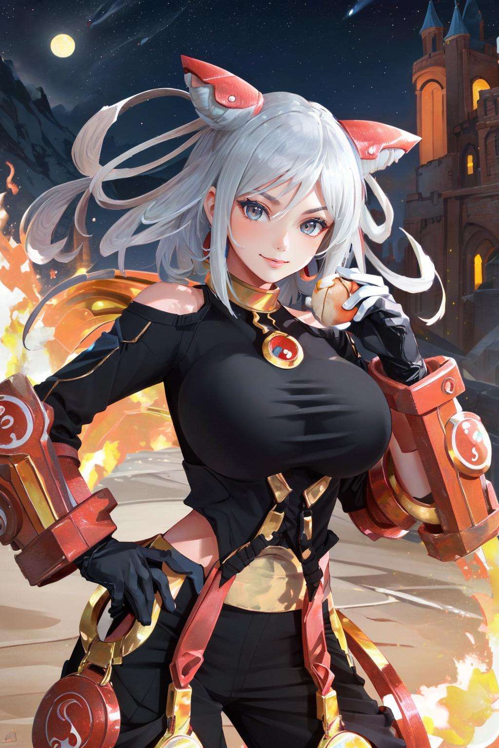 ((Big breasts)),((Big breasts)), 1girl, solo, looking at viewer, smile, gloves, brown eyes, jewelry, white hair, food, horns, pants, blurry, hand on hip, hair rings, yin yang, baozi  <lora:Qi-07:1>, castle, dark, fire, broken earth, arm armor, boxing hand, metal boxing gloves,  puff cheeks, (masterpiece,best quality:1.5), (masterpiece,best quality:1.5), Style of Don Lawrence,decopunk (🏔️,???﷿️),🍁, \Ram (re:ZERO)\, Teaching, brazil nuts,at Nighttime,Resonant,Tamriel