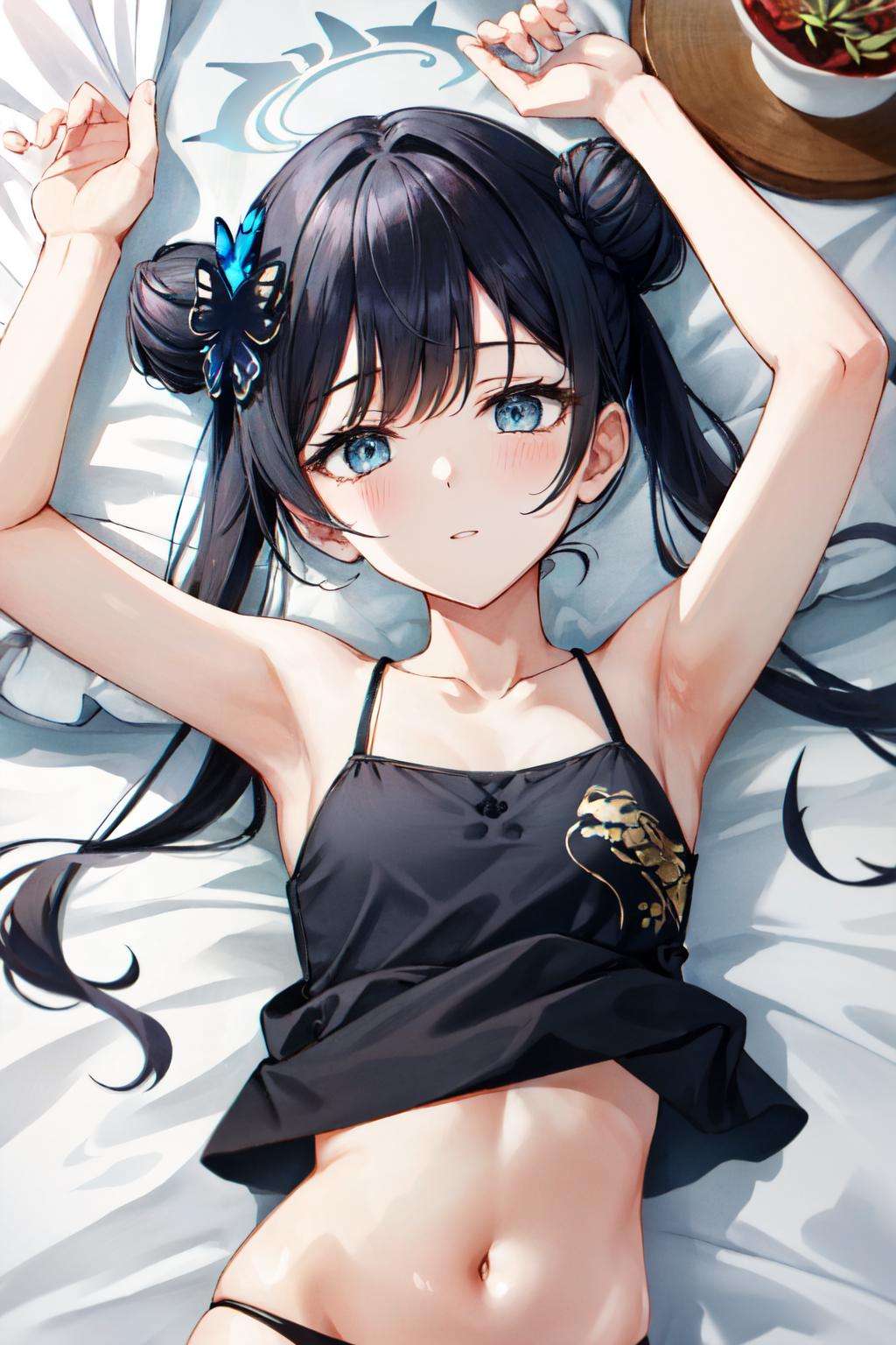 <lora:kisaki:0.7> kisaki(blue archive),1girl,solo,flat chest,small breasts,upper body, black hair, blue eyes, halo, long hair, twintail , hair bun, white camisole, bare shoulder,spaghetti strap,  hair ornaments , panties only, no pats, midriff, navel, black panty, on bed, lying, curtains, bed sheet, indoor, table, potted flower,windows, from above, arms up , arms reaching out, pov 